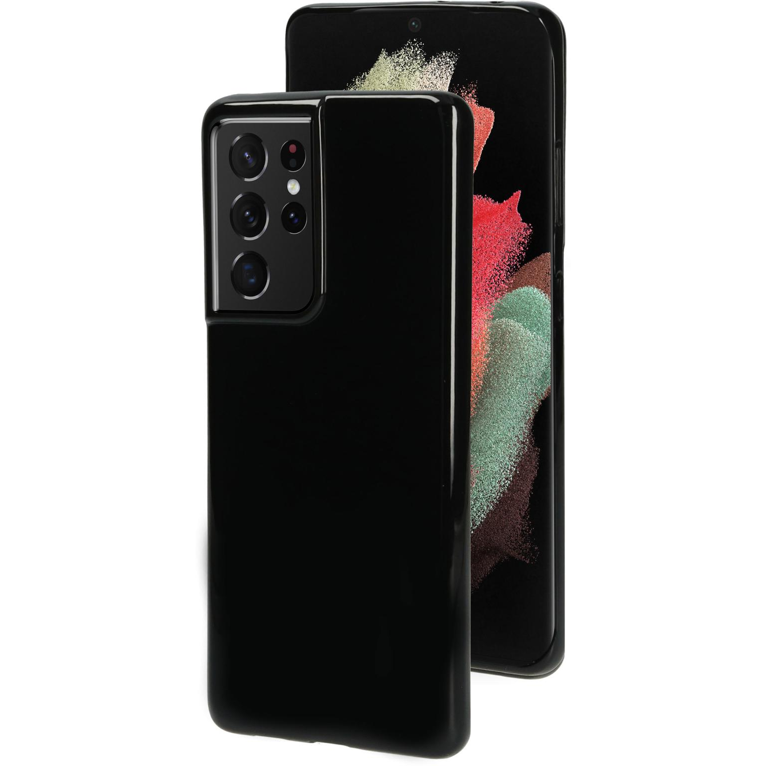 Twee zwarte telefoonhoesjes, één die een telefoon bedekt. De telefoon is zwart. Witte achtergrond.