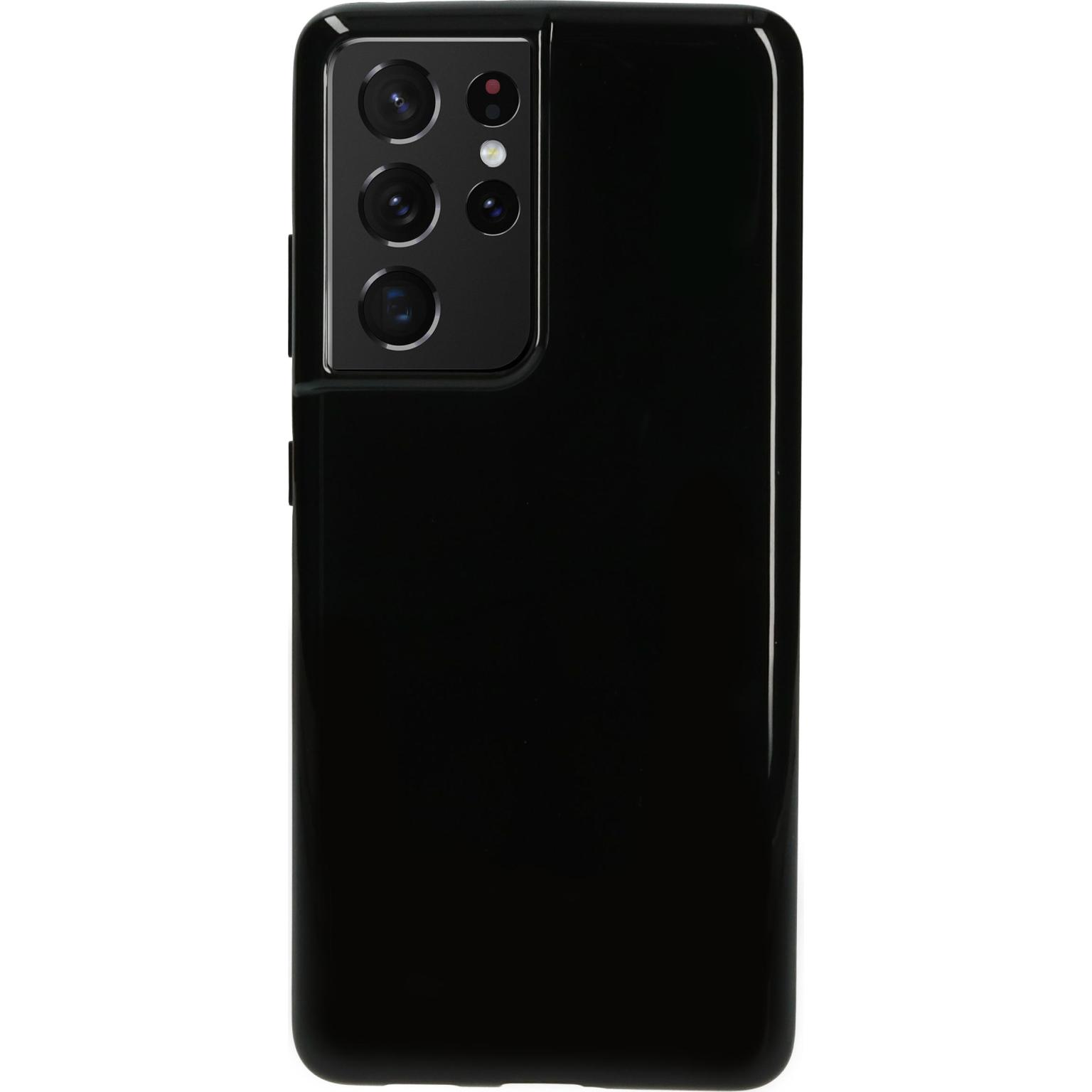 Zwart telefoonhoesje met meerdere camera-uitsparingen.
