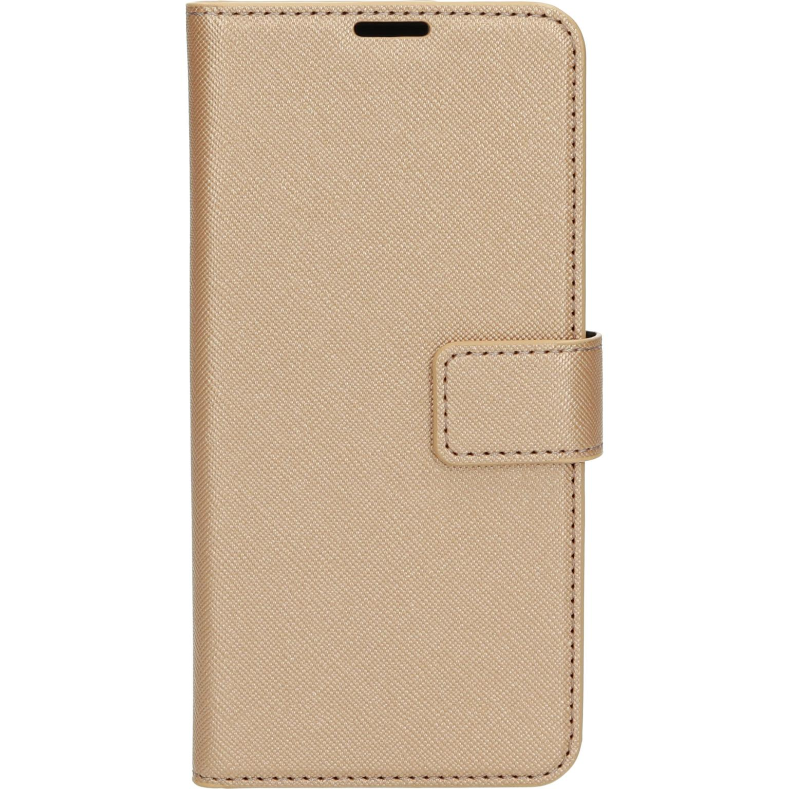 Gouden folio telefoonhoesje, gesloten. Het heeft een sluiting om het te sluiten.
