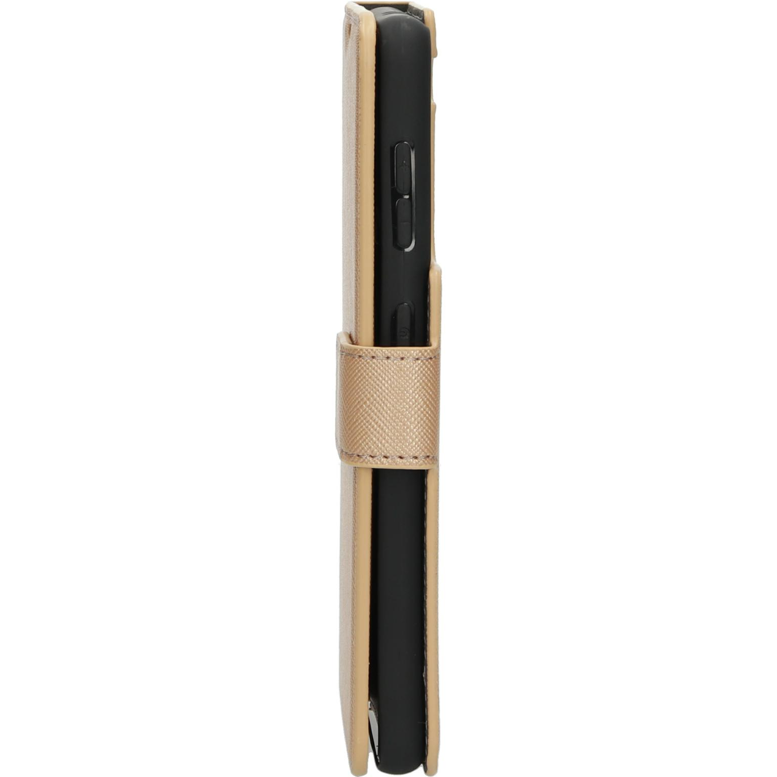 Gouden telefoonhoes met flap. De telefoon is van de zijkant zichtbaar, de flap is gesloten.