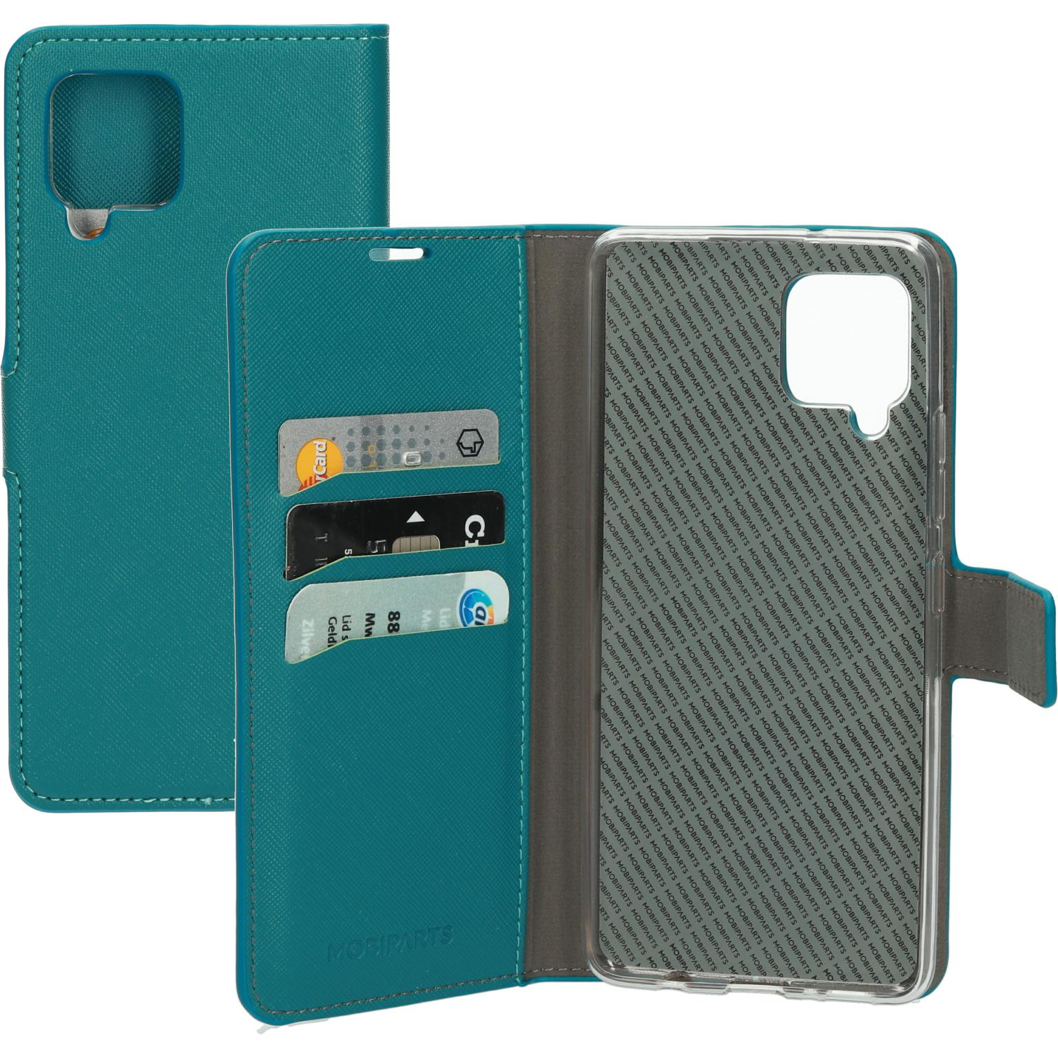 Blauwgroene telefoonhoes open. Kaarten en geld zijn zichtbaar van binnen. De hoes staat op een witte achtergrond.