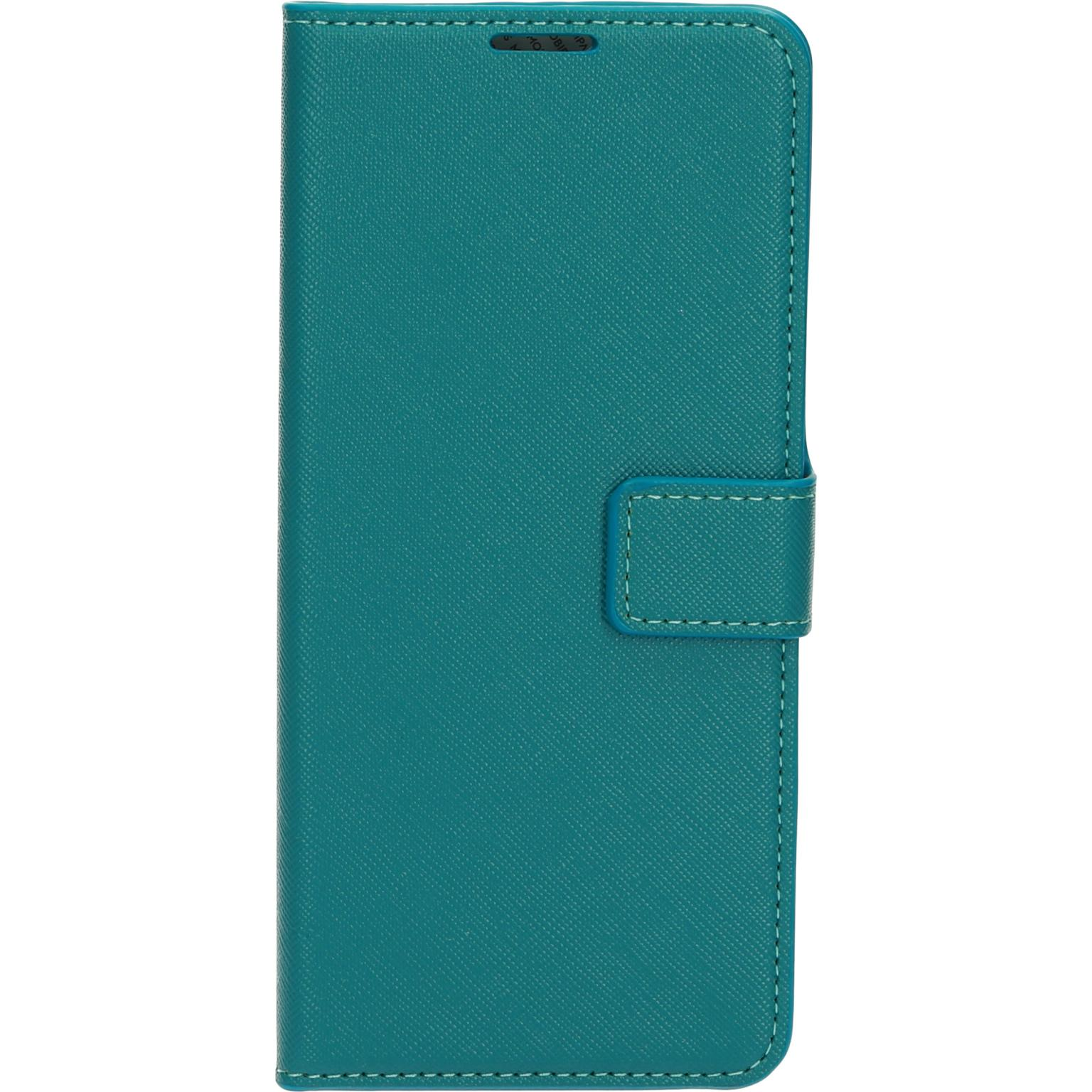 Teal telefoonhoes gesloten. De hoes is gesloten en heeft een magnetische sluiting.