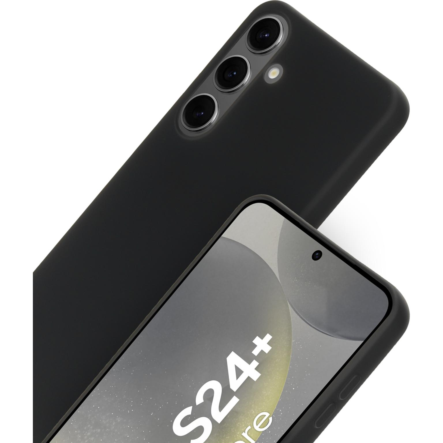 Zwarte telefoonhoes met een telefoon erin. De telefoon heeft drie camera's. De hoes is zwart.
