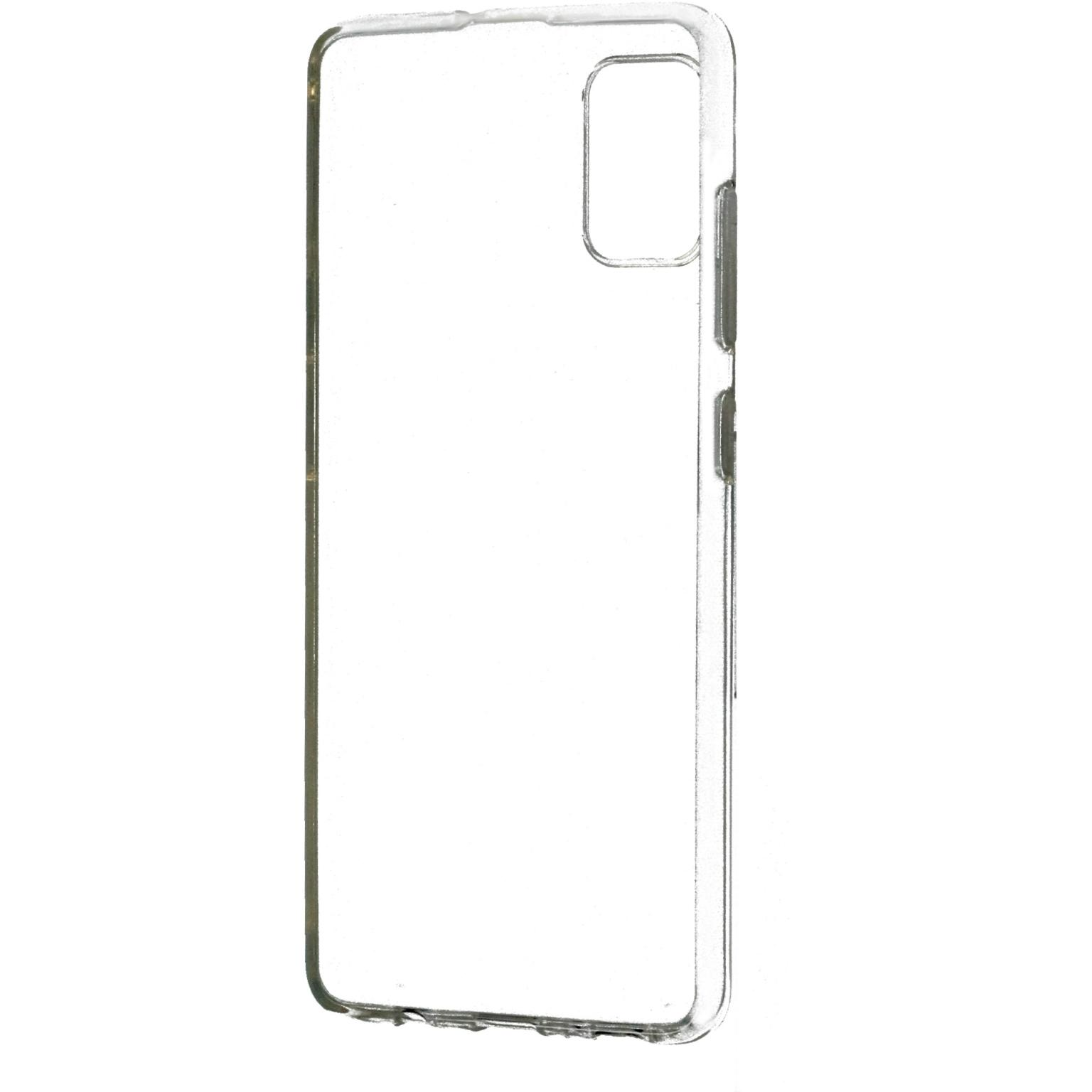 Een doorzichtige telefoonhoes. Het heeft een rechthoekige vorm met uitsparingen voor de camera en knoppen.