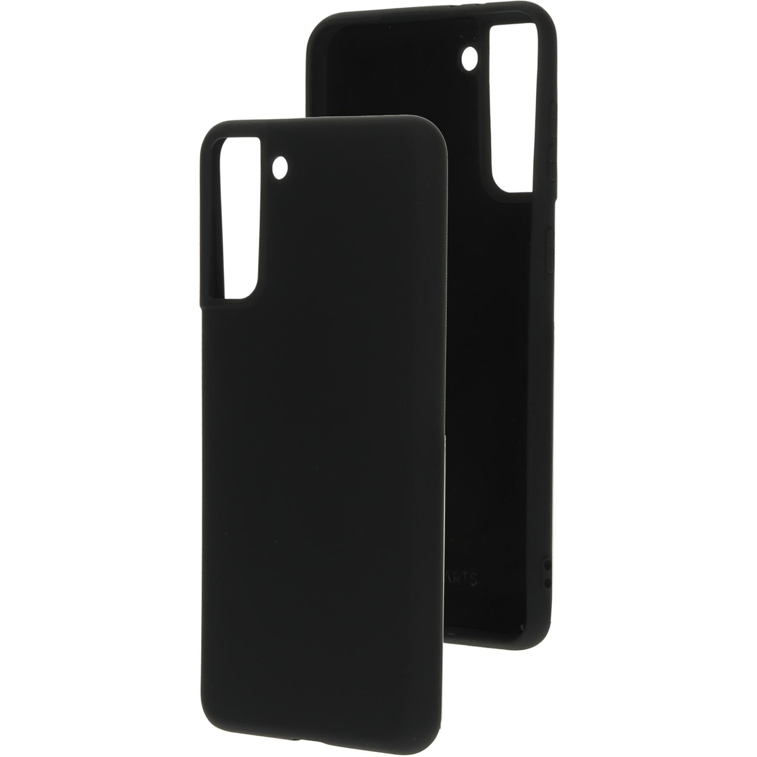 Twee zwarte telefoonhoesjes, één met een camera-uitsparing. Witte achtergrond.