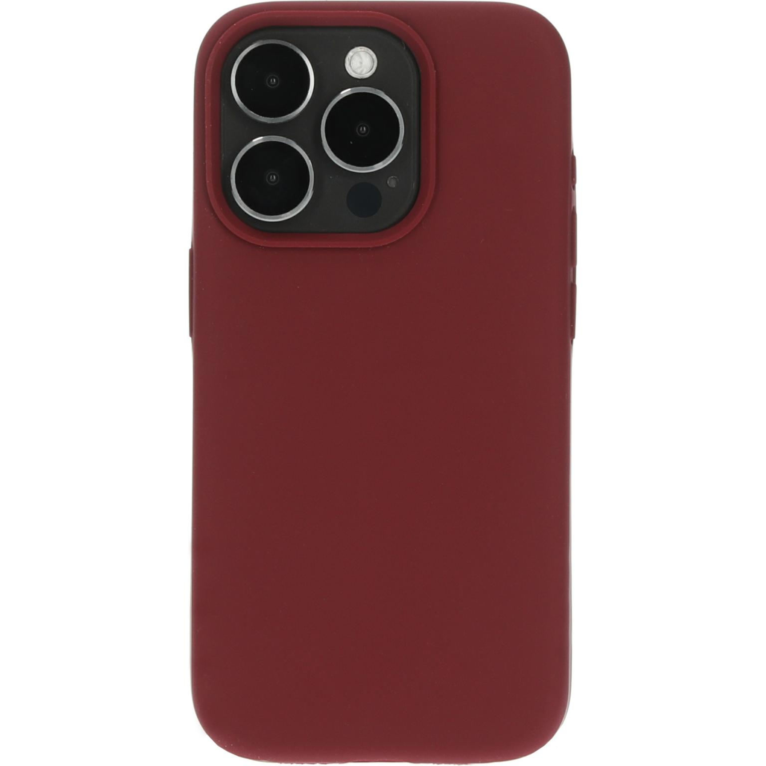 Rood telefoonhoesje. Drie cameralenzen. Zwarte cameramodule. Strak, eenvoudig design.
