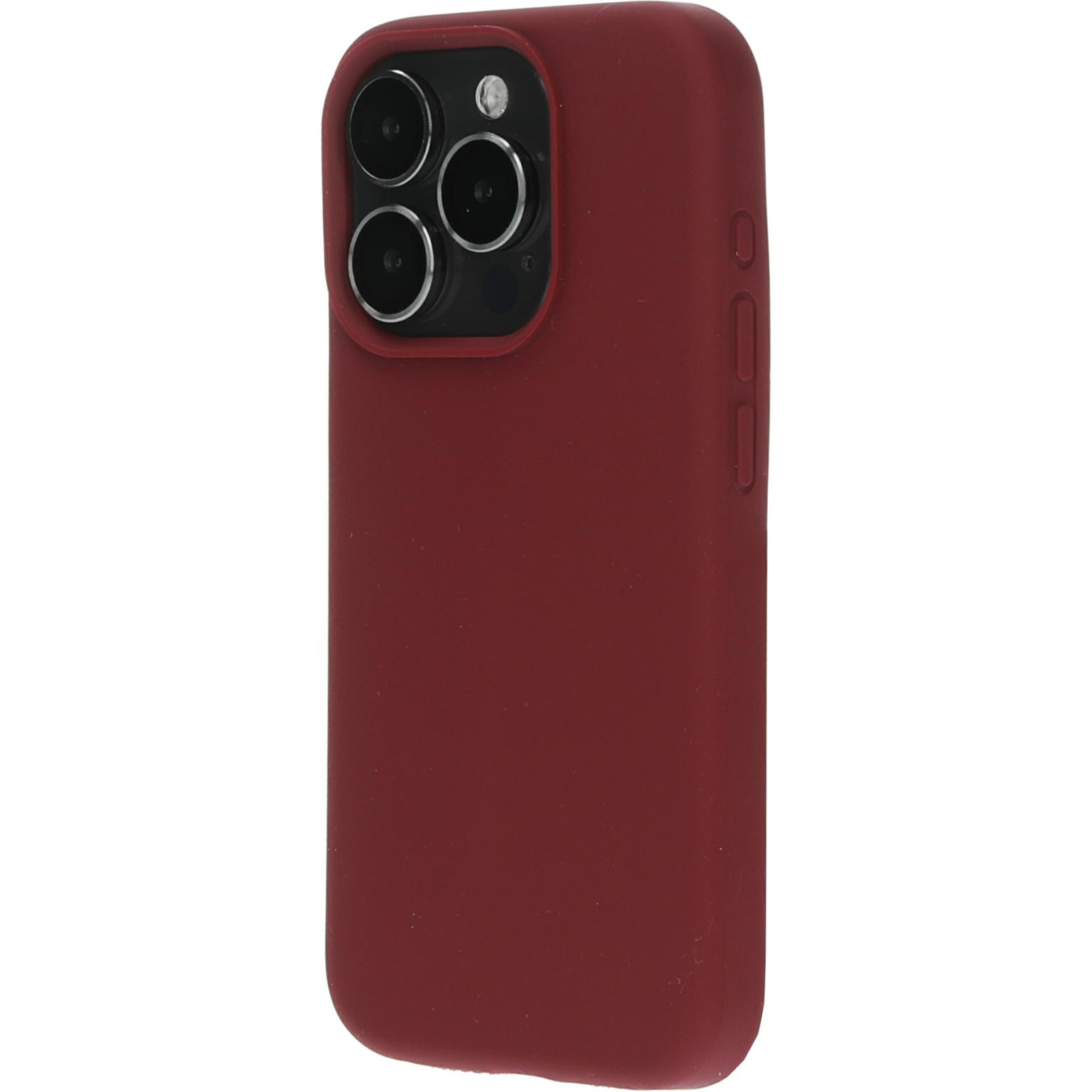 Een rode telefoonhoes met een camera-uitsparing. De hoes heeft een effen rode kleur en beschermt de telefoon.