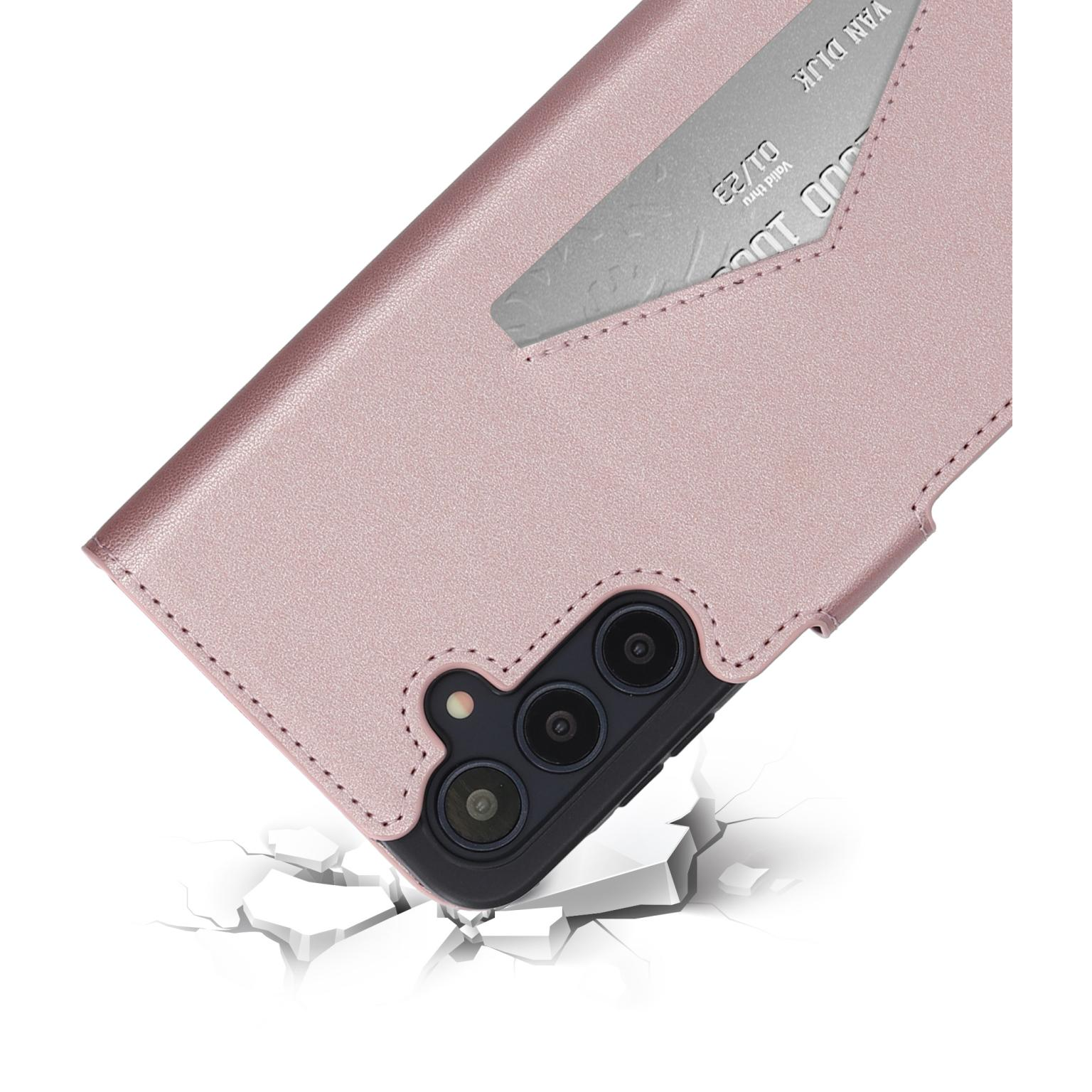 Een roze telefoonhoesje met een kaartsleuf, met een kaart. De hoes staat op een witte achtergrond.