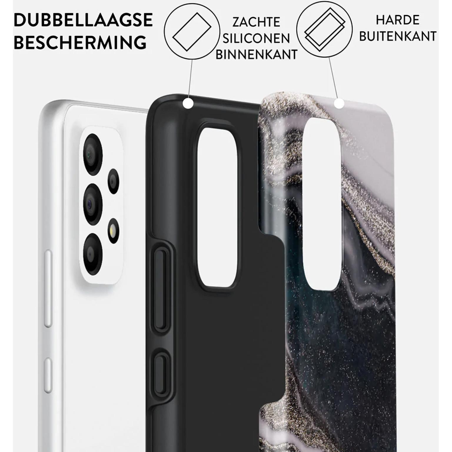 De afbeelding toont een telefoonhoesje. Het heeft drie beschermlagen. De hoes is zwart en wit.