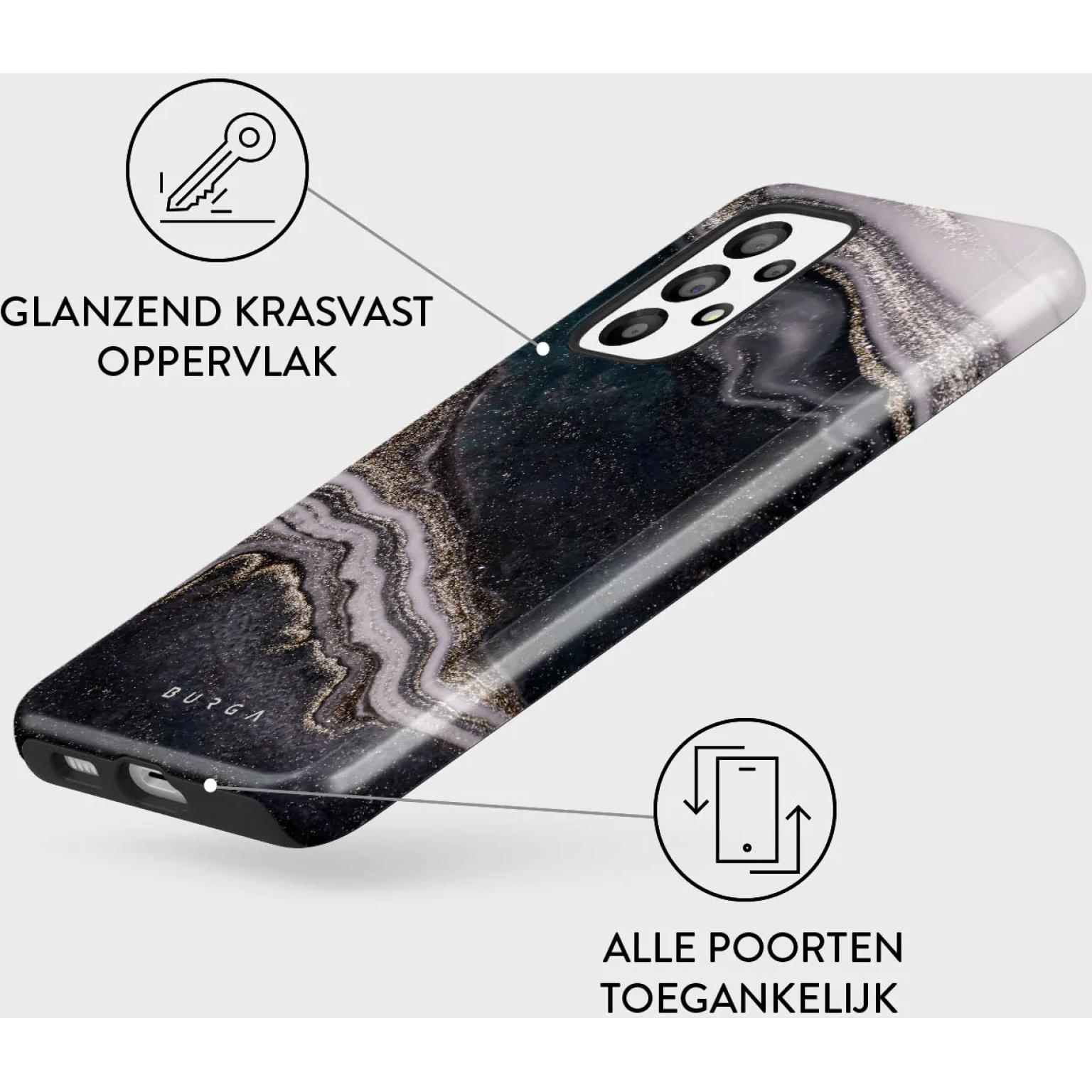 Telefoonhoes met marmerdesign. Toont een glanzend, krasbestendig oppervlak. Zwart en wit.