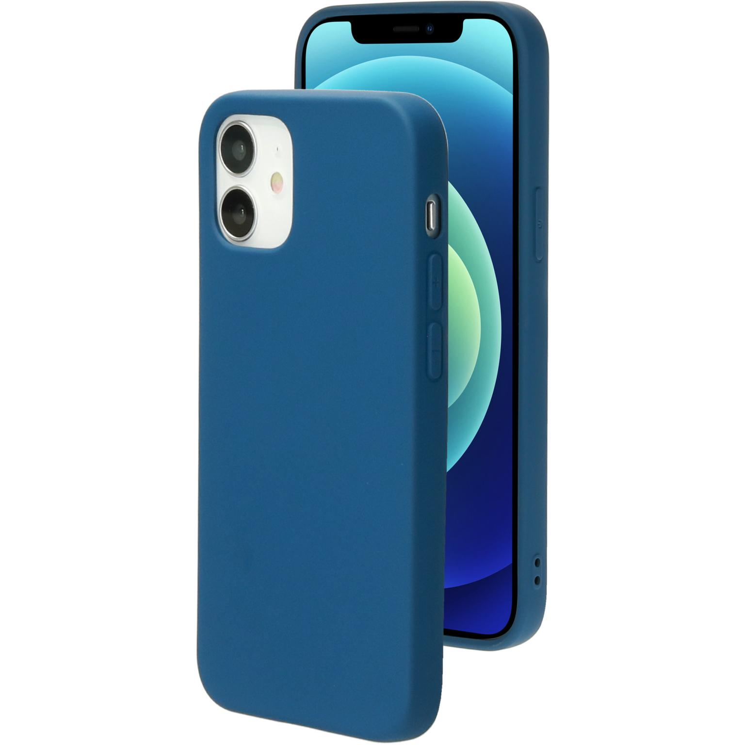 A blue phone case covers a phone, with camera and buttons visible.