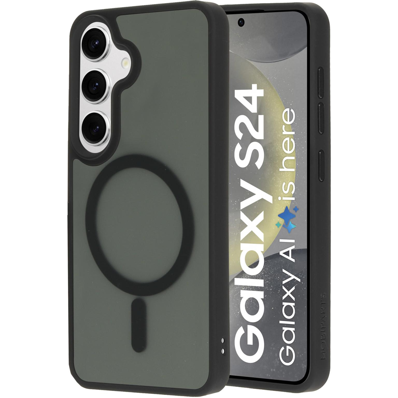 Donkergrijze telefoonhoes. 'Galaxy S24' tekst op het scherm. Magneetring. Zwart hoesje.