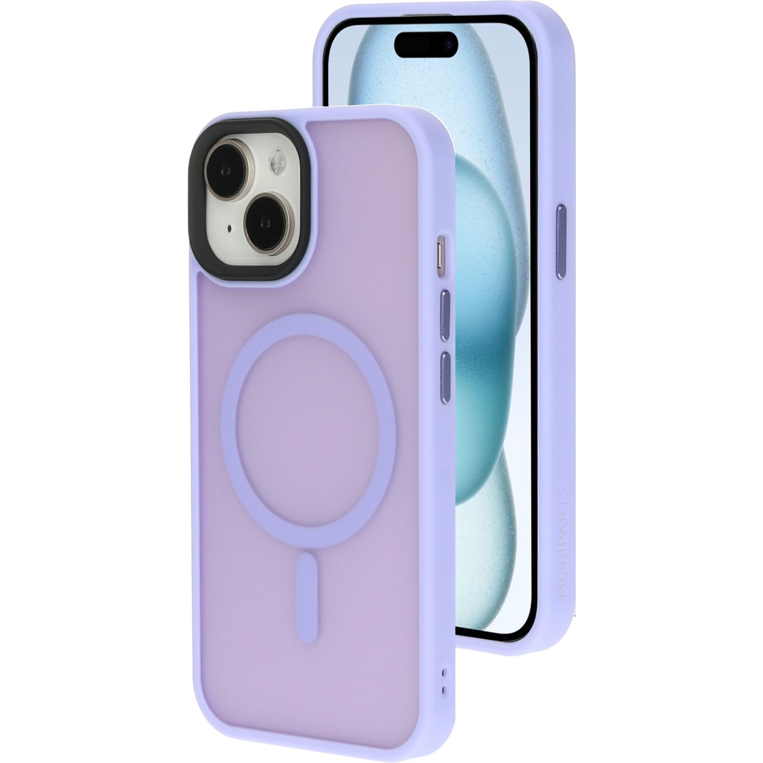 Lavendel telefoonhoesje met een magnetische cirkel. De hoes heeft een zwart frame.