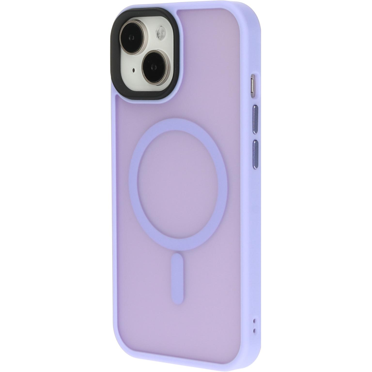 Paarse telefoonhoes met een magnetische cirkel en een uitsparing voor de camera. Zachte textuur.