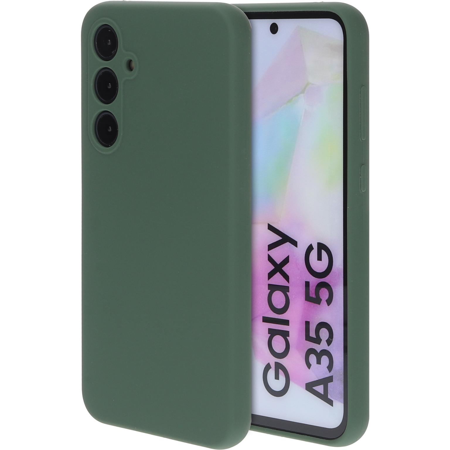 Een groene telefoonhoes bedekt een telefoon, met camera en knoppen zichtbaar.