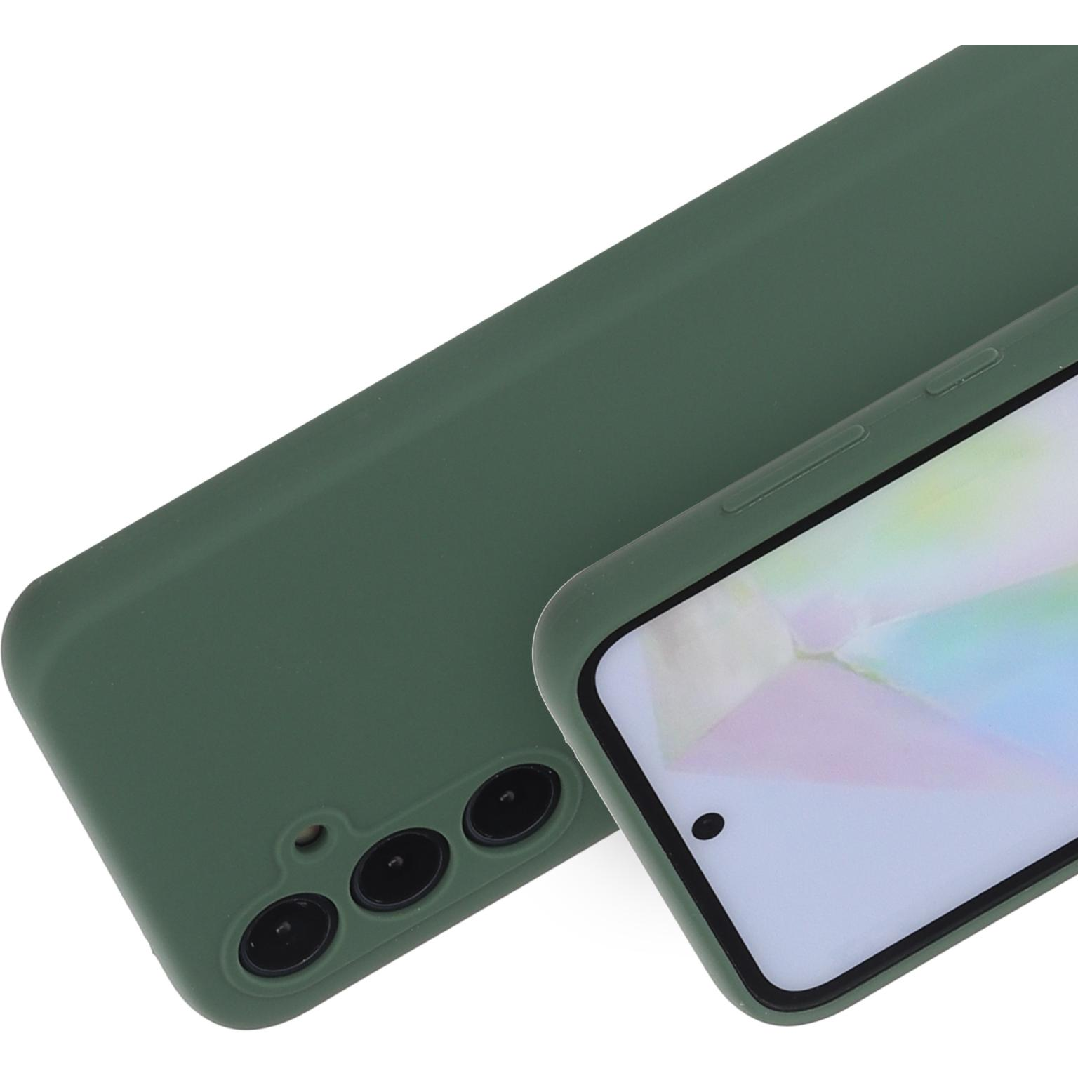 Een groene telefoonhoes. Het heeft een matte afwerking. De hoes bedekt de achterkant van de telefoon.
