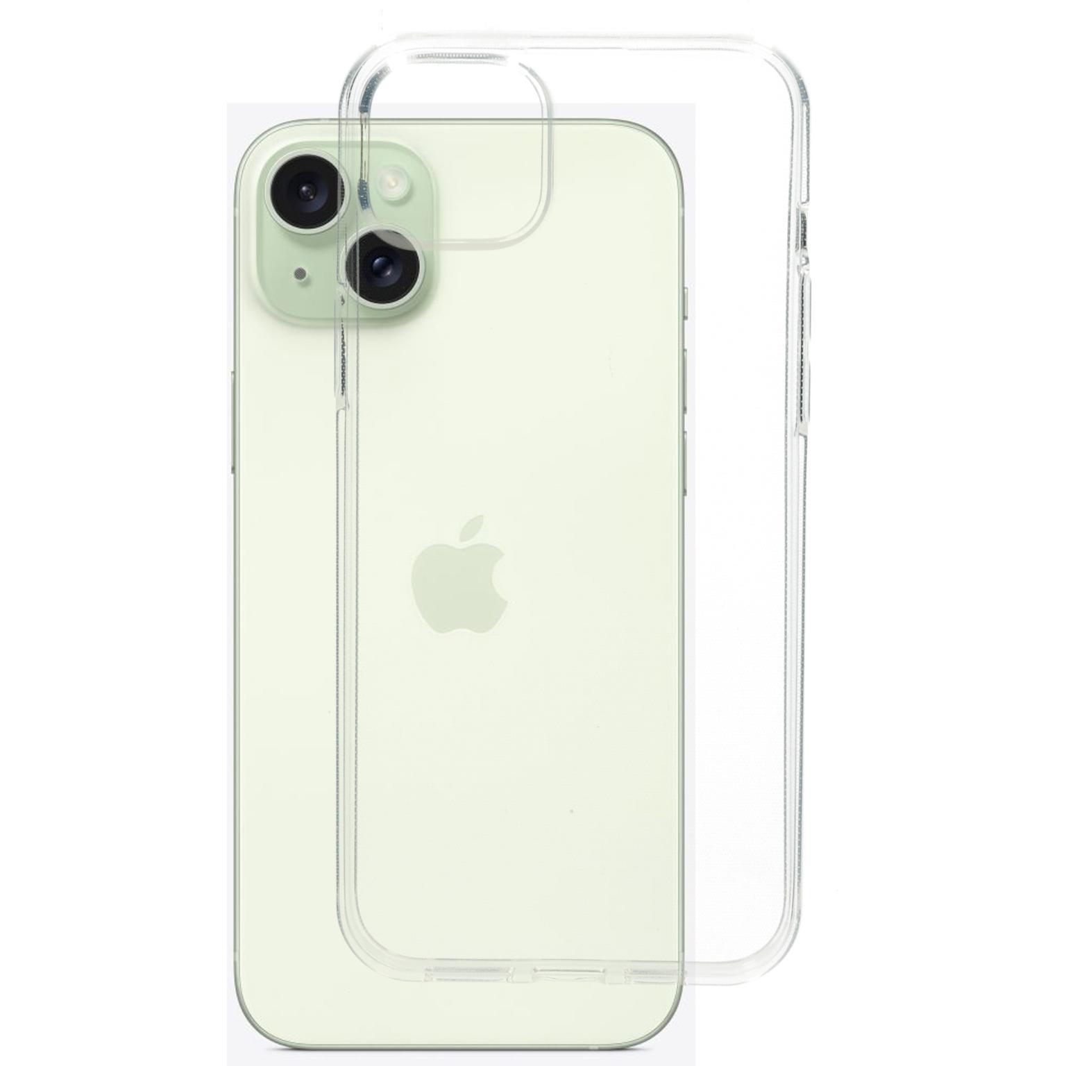 Transparante telefoonhoes over groene telefoon. Twee camera's, Apple logo zichtbaar. Witte achtergrond.