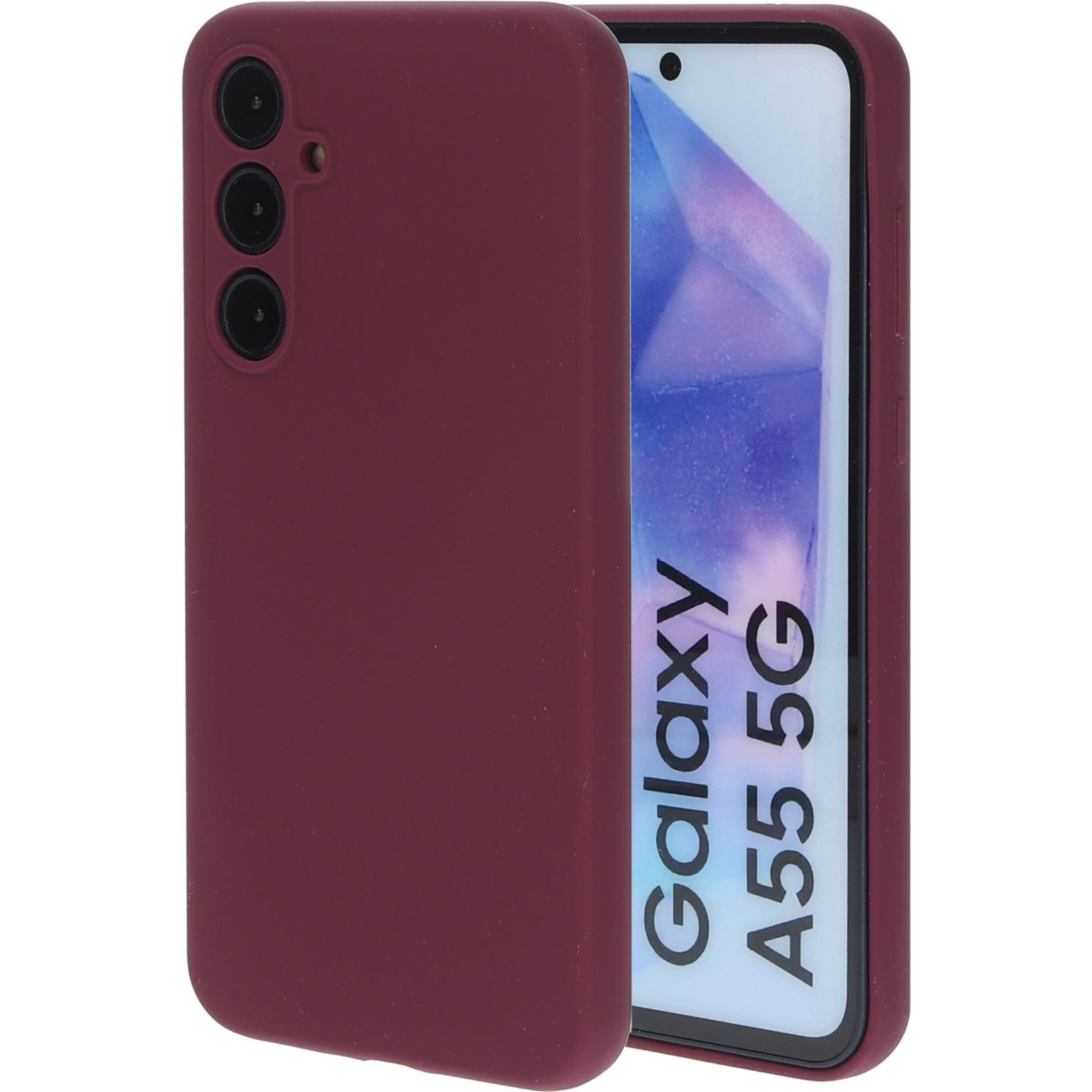 Een bordeauxrode telefoonhoes met een camera-uitsparing, op een witte achtergrond. De telefoonhoes bedekt een telefoon.