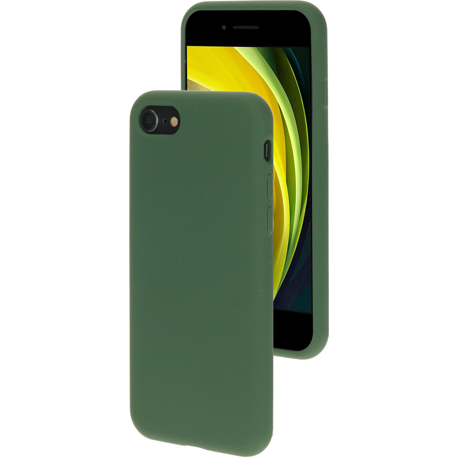 Groene telefoonhoes met een telefoon erin. Het scherm van de telefoon is zichtbaar. Witte achtergrond.