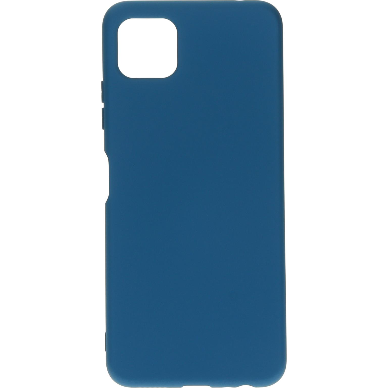 Een blauw telefoonhoesje, met een camera-uitsparing en knopuitsparingen.