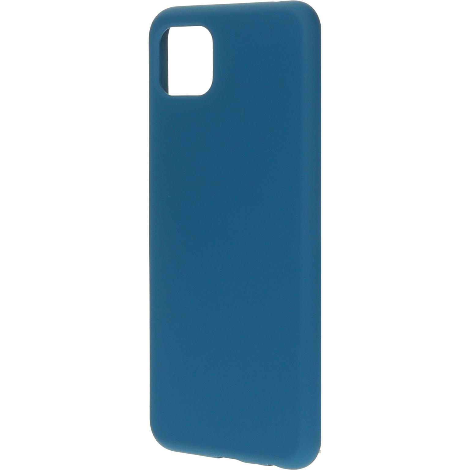 Een blauwe telefoonhoes. Cameragaten zichtbaar. Witte achtergrond.