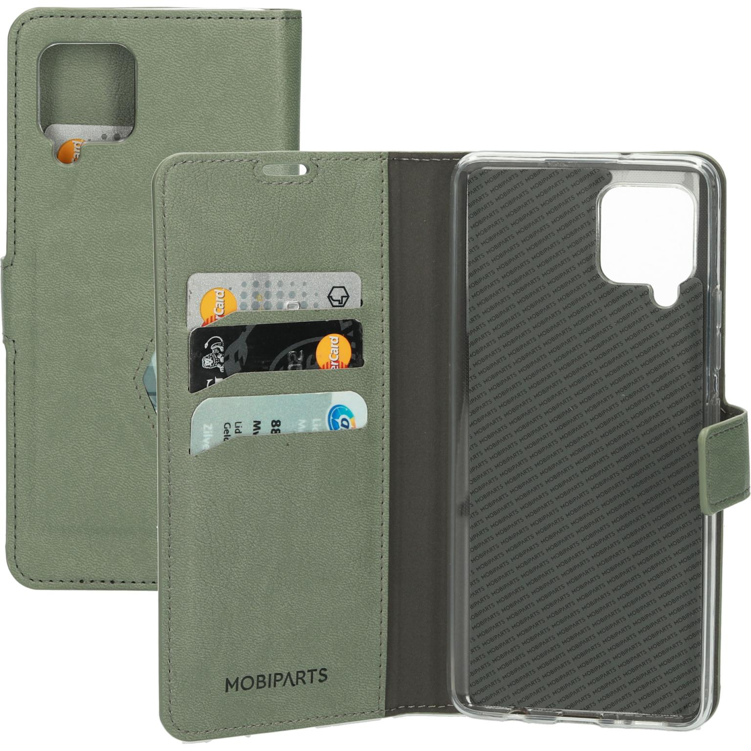 Groene telefoonhoes-portemonnee open. Kaarten zichtbaar. Witte achtergrond.