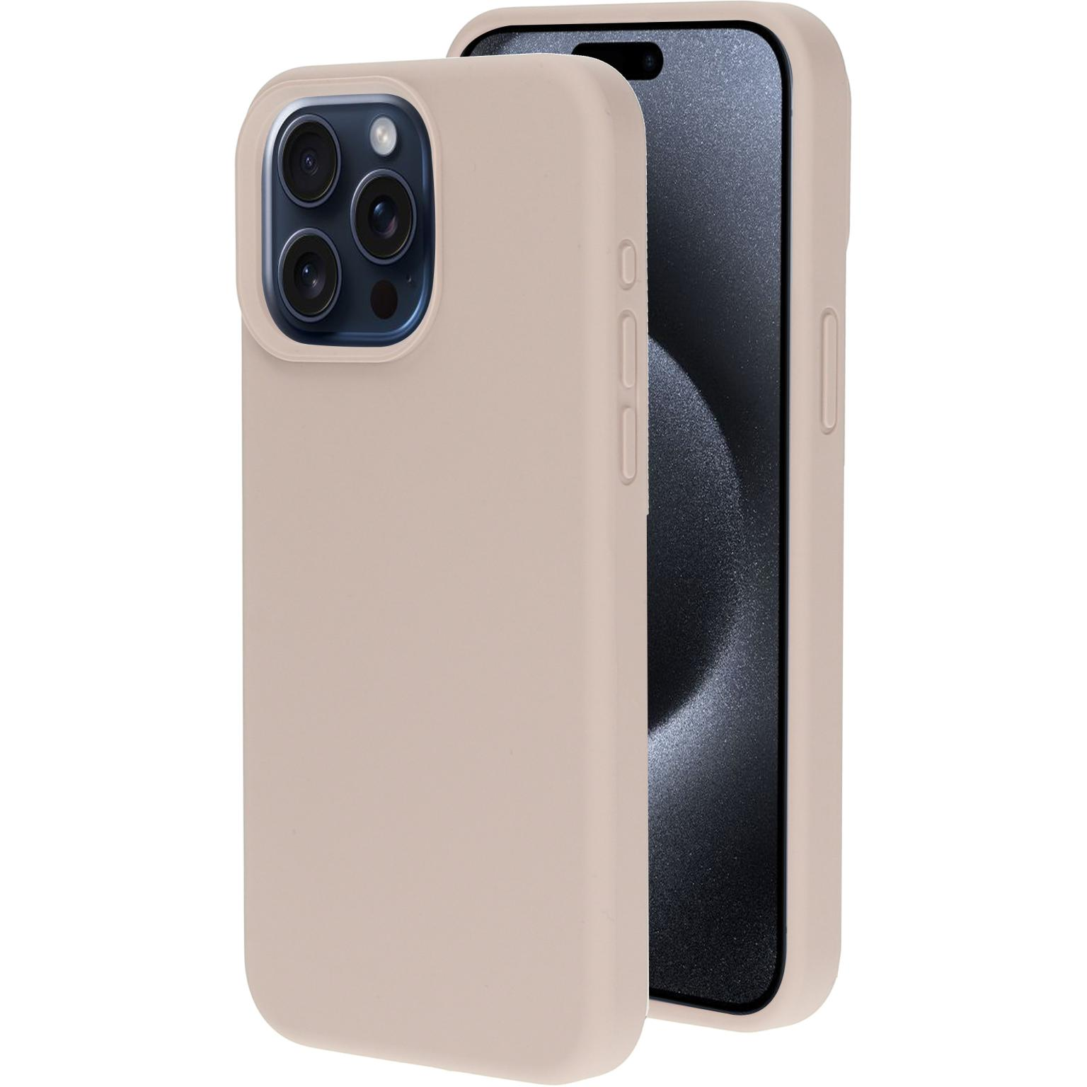 Tan telefoonhoes met telefoon erin. Meerdere camera's zichtbaar. Witte achtergrond.