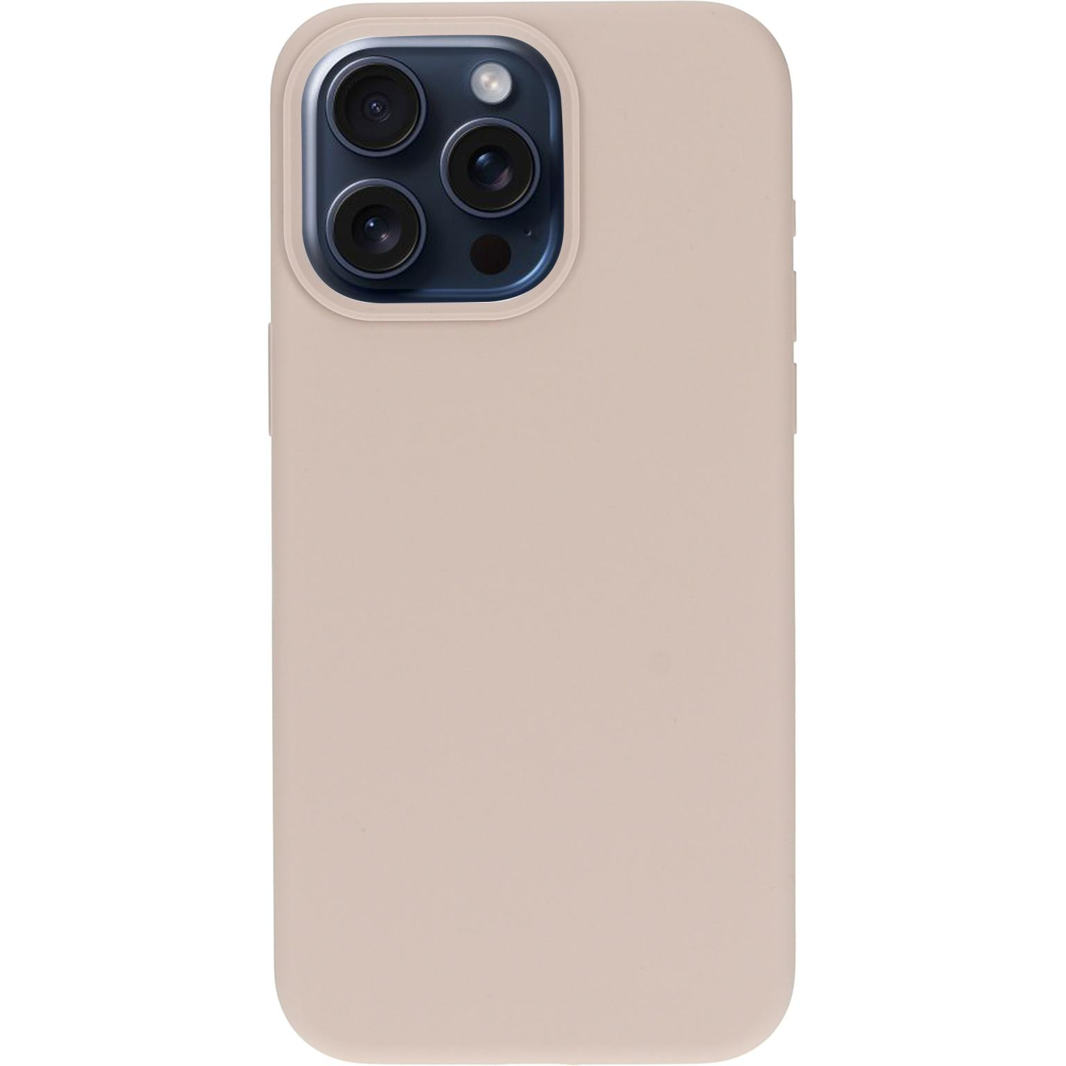 Telefoonhoes, beige, die de achterkant van de telefoon en het cameragedeelte bedekt.
