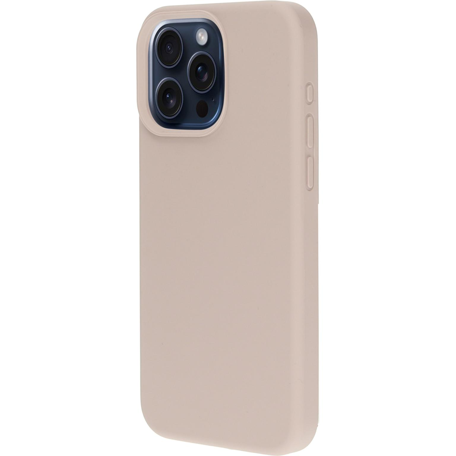 Beige telefoonhoes op een witte achtergrond. De hoes bedekt een telefoon.