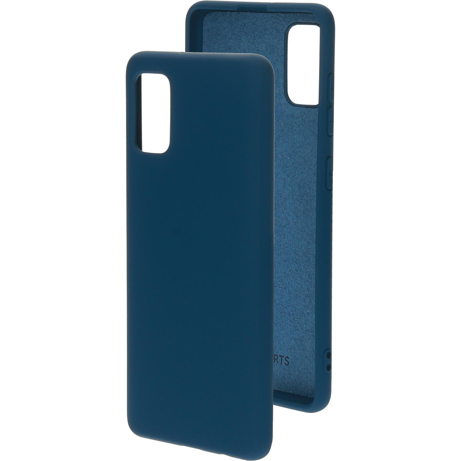 Tweedelige donkerblauwe telefoonhoes, één deel binnenstebuiten, de andere toont de achterkant.