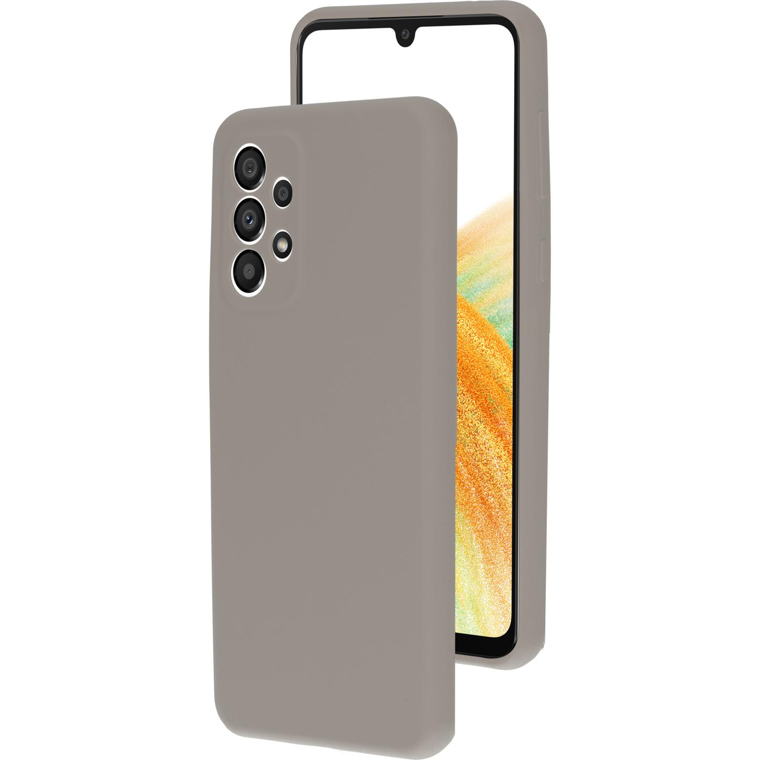 Grijze telefoonhoes met telefoon erin. Drie camera's zichtbaar. Witte achtergrond.