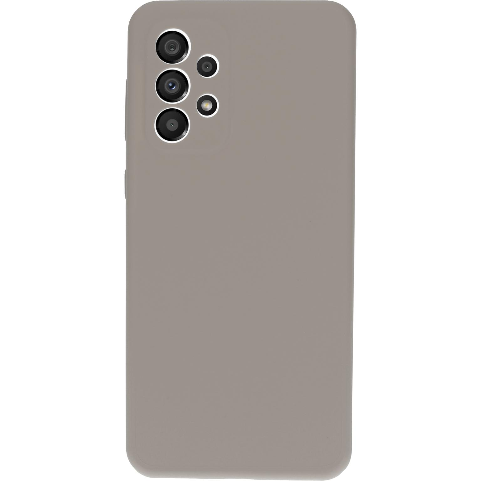 Een grijze telefoonhoes. Het heeft drie cameralenzen.