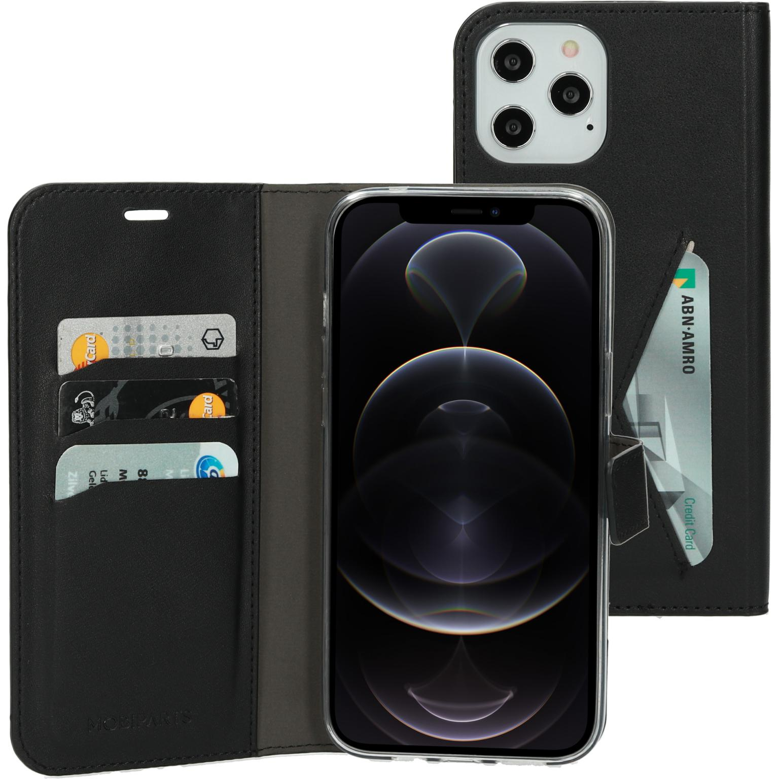 Black leather phone case with credit card slots and a phone inside. Open to reveal the phone.