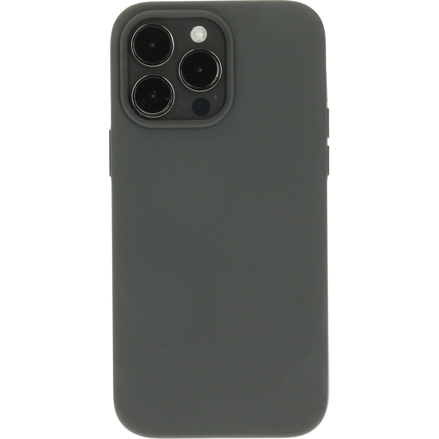 Donkergrijs telefoonhoesje met een cameramodule zichtbaar op een witte achtergrond.