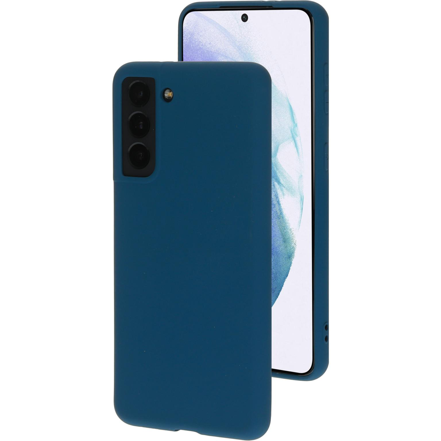 Donkerblauwe telefoon met beschermhoes, met cameradetails.