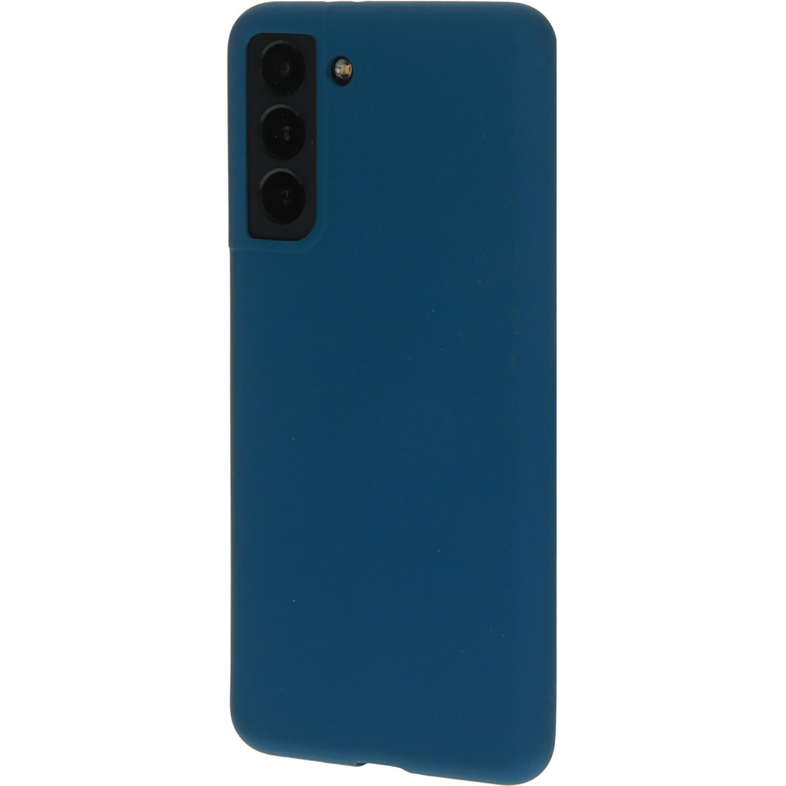 Blauwe telefoonhoes met een ontwerp voor een camera met drie lenzen.