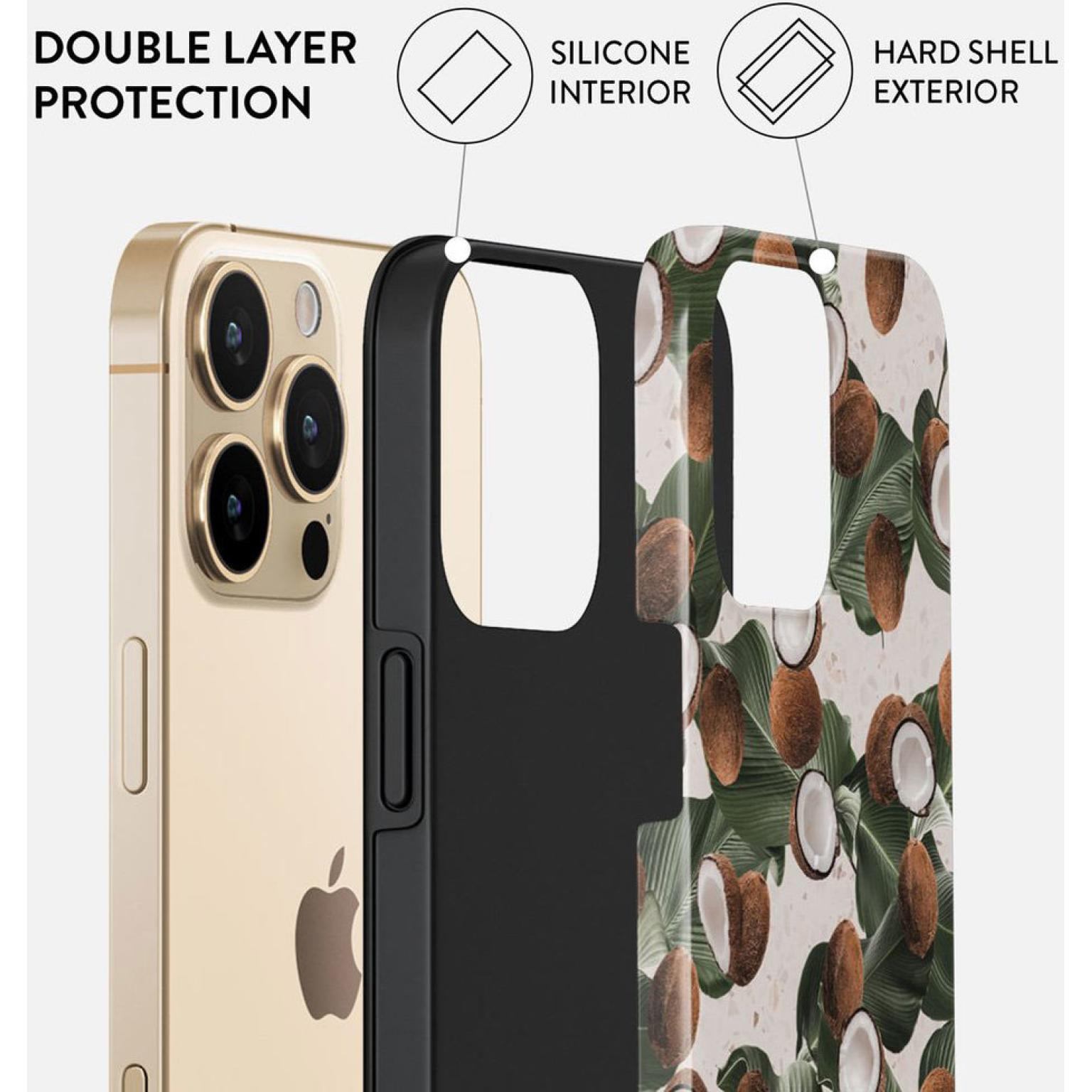 Phone case with layered design, showing a coconut leaf pattern.