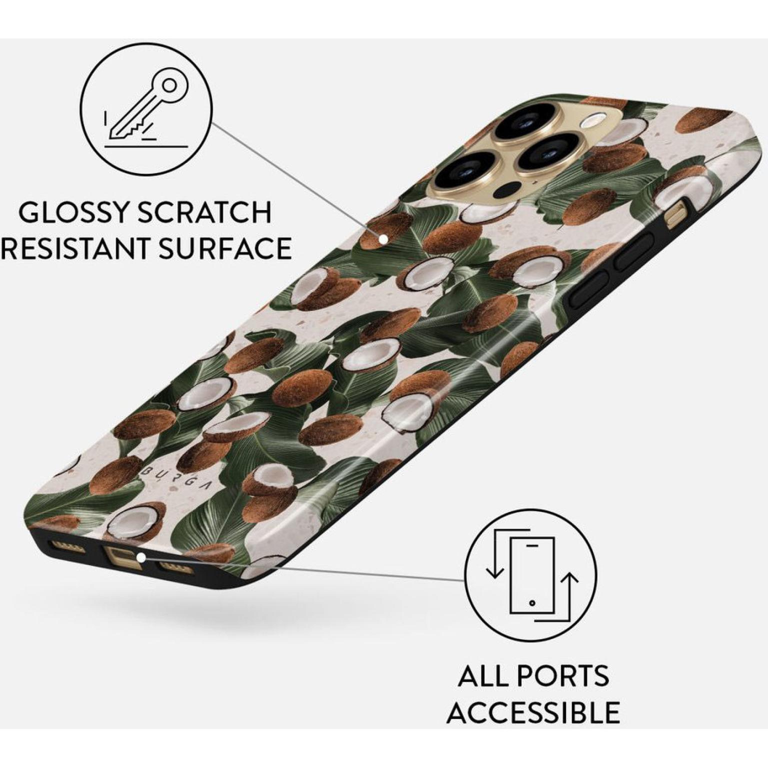 Phone case with coconut and leaf pattern, glossy surface.