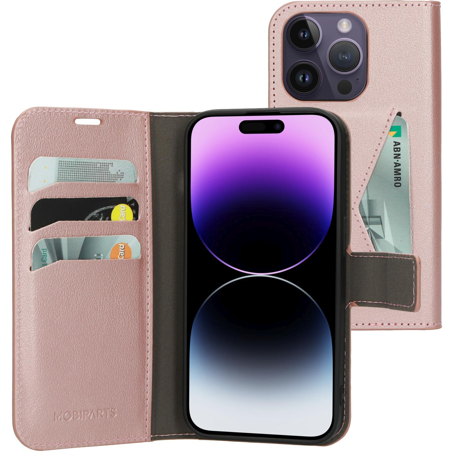 Roze telefoonportemonnee, open om telefoon met paars scherm en kaartsleuven te tonen.