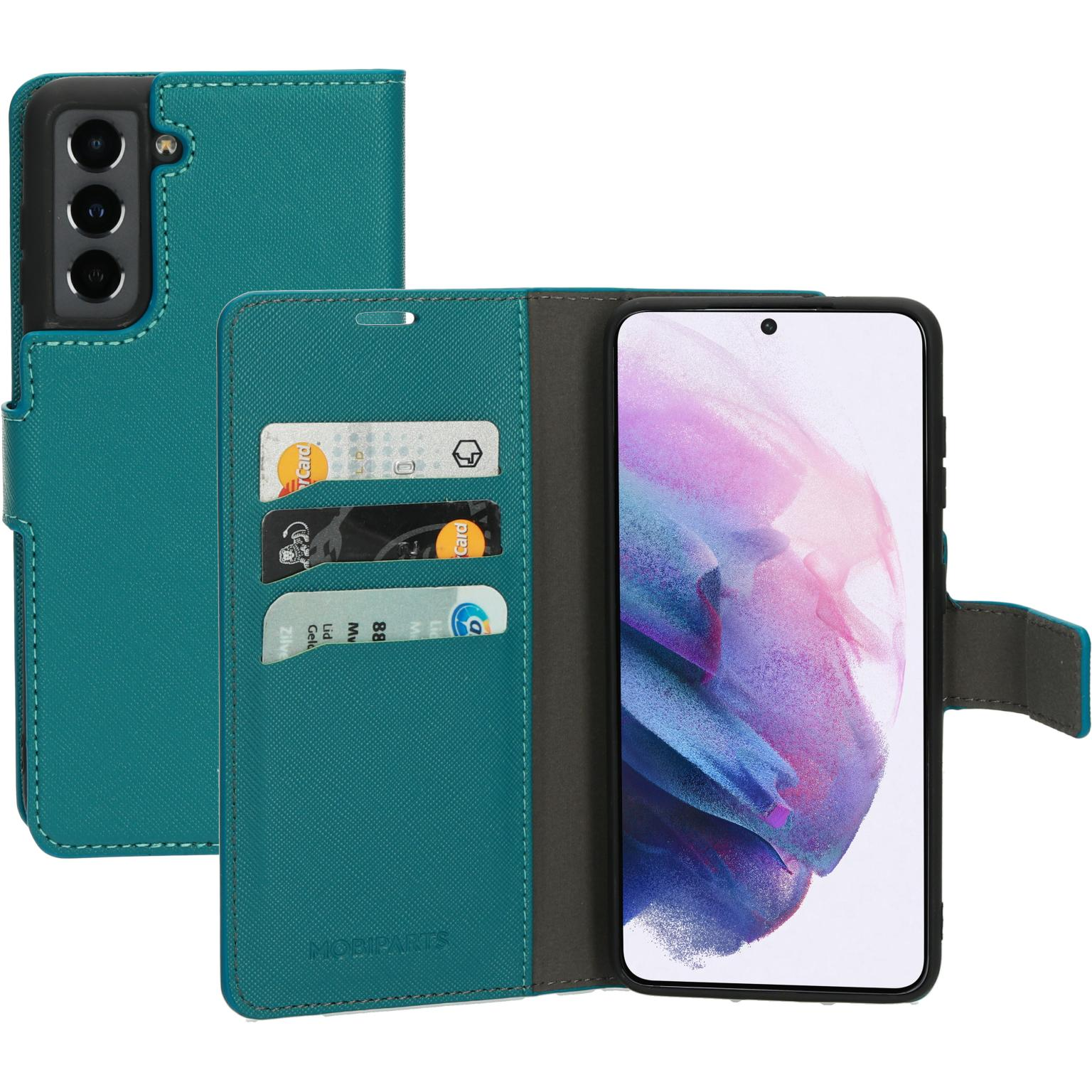 Teal telefoonhoes, portemonnee-stijl, open om kaarten en telefoon te tonen. Zwarte telefoon met paars scherm.