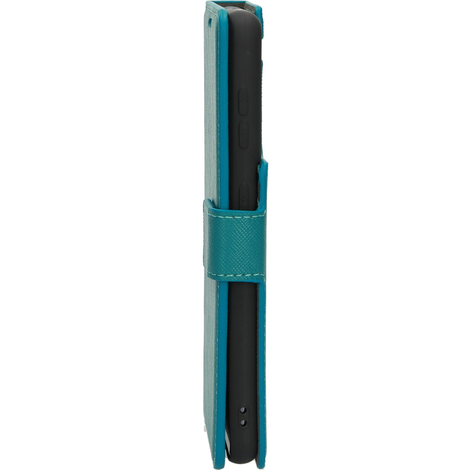 Teal telefoonhoesje, gesloten folio stijl, met een magnetische band.
