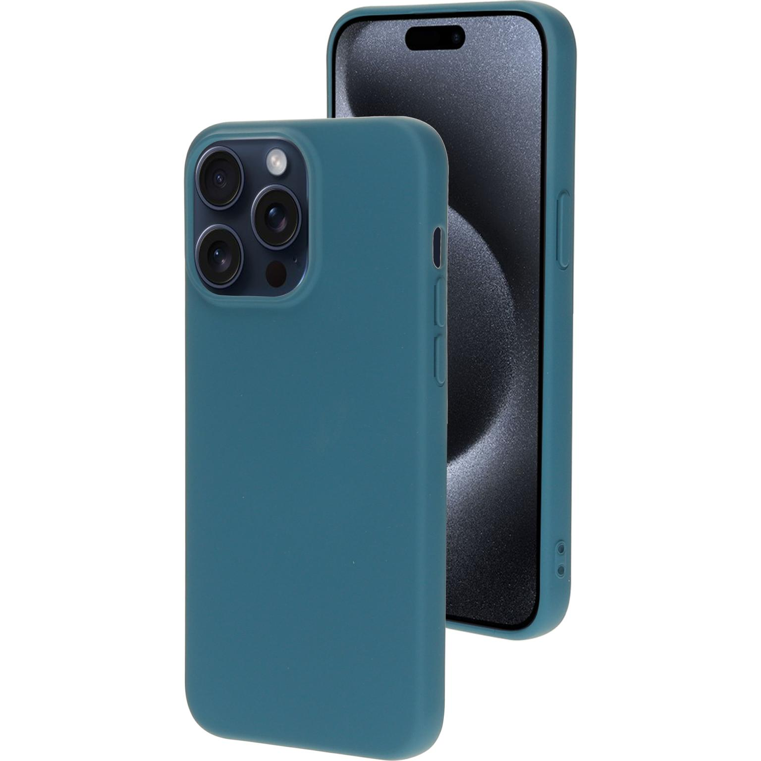 Teal telefoonhoesje op telefoon, met cameralenzen.