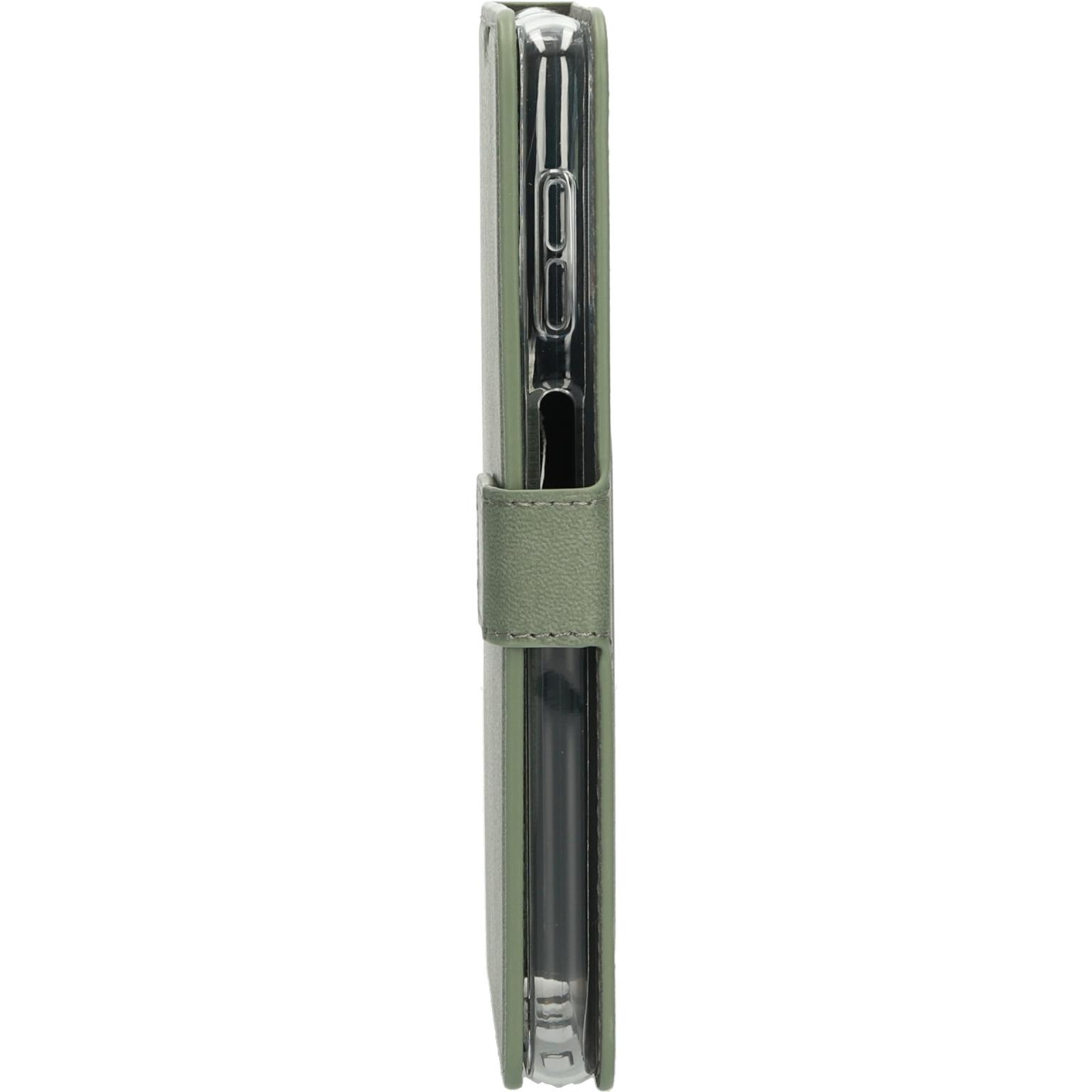 Groene telefoonhoes, folio stijl, zijaanzicht.