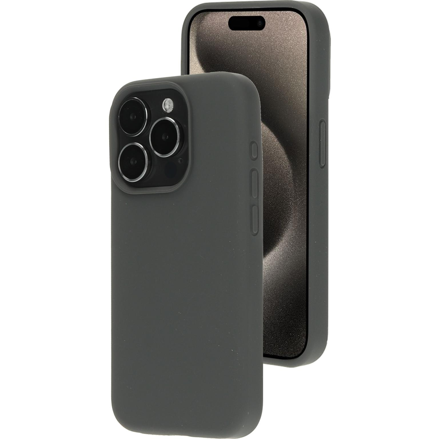 Grijze telefoonhoes op een witte ondergrond, met een telefoon erin, schuin naar rechts.