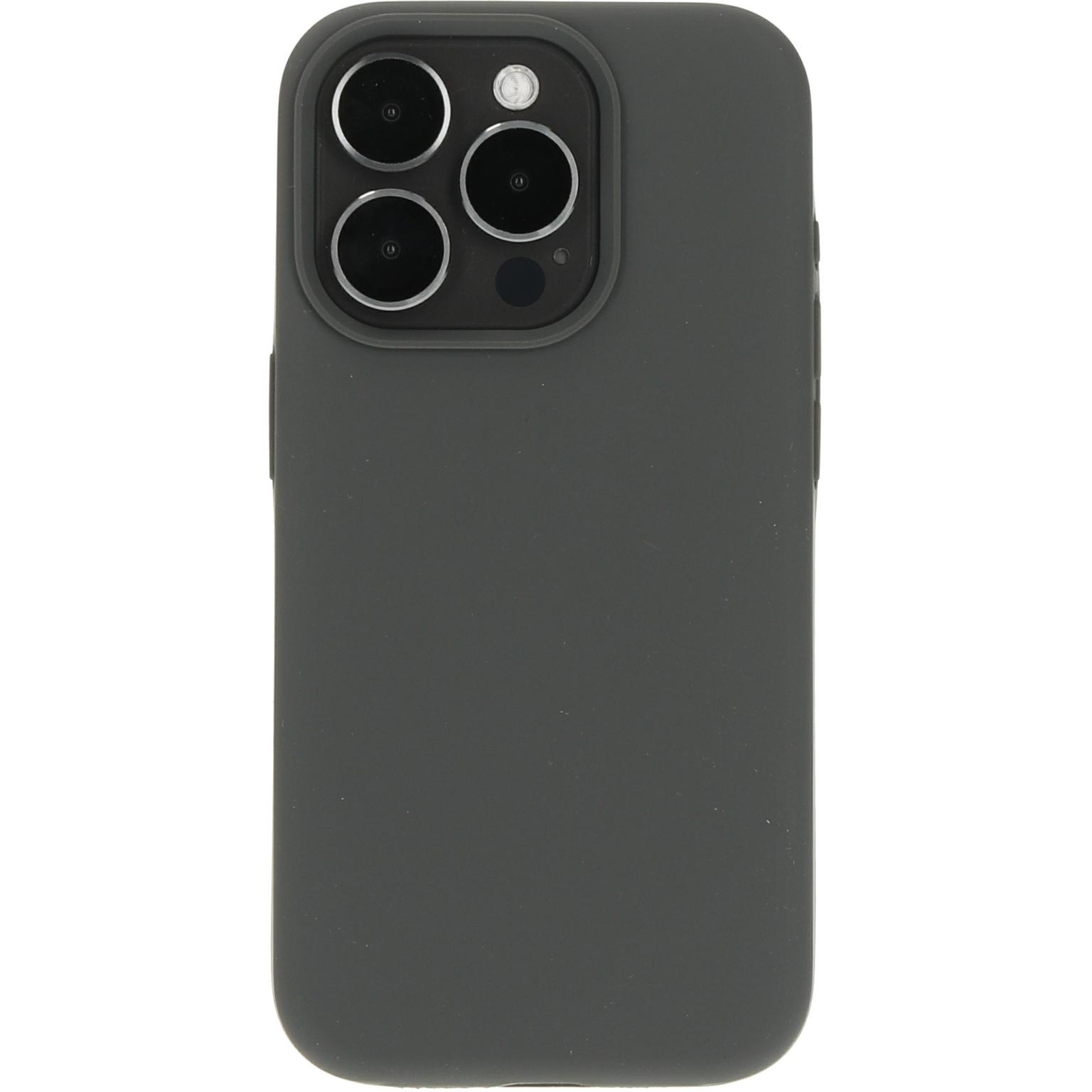 Donkergrijze telefoonhoes met drie cameralenzen. Witte achtergrond.