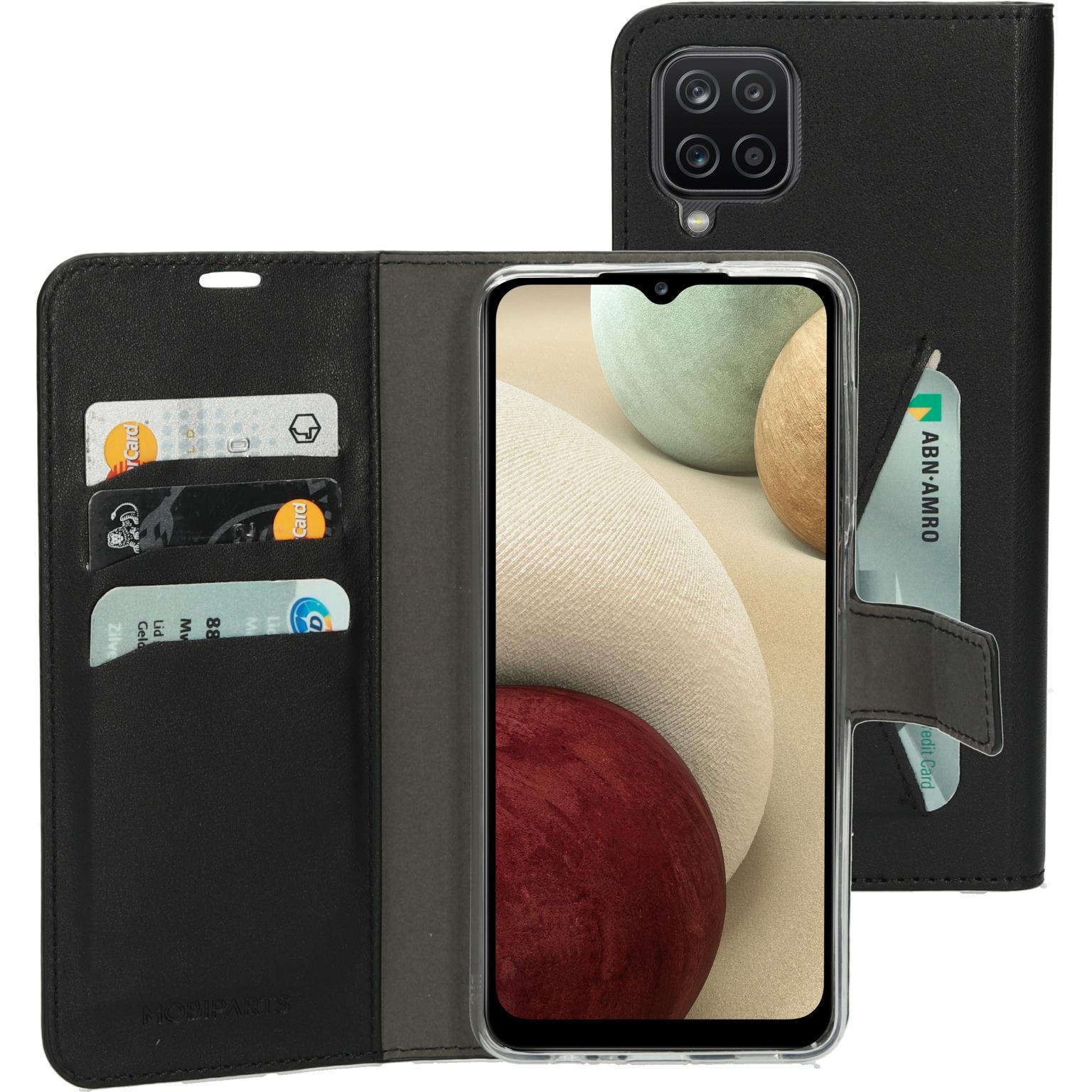 Zwarte telefoonhoes met kaarten en een telefoon erin. Het heeft een portemonnee-ontwerp en een kaartsleuf.