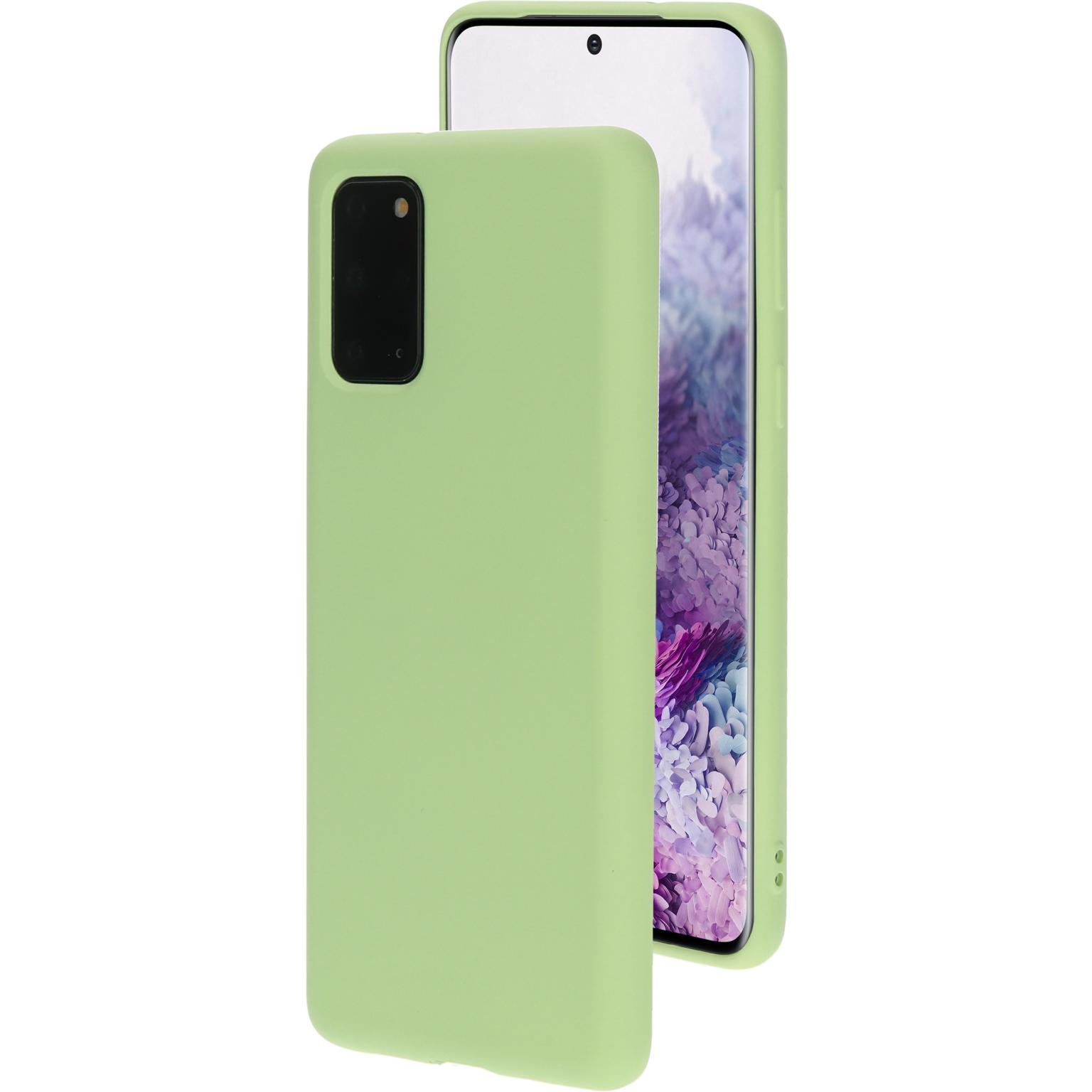 Een lichtgroene telefoonhoes met een telefoon erin. Het scherm van de telefoon is zichtbaar.