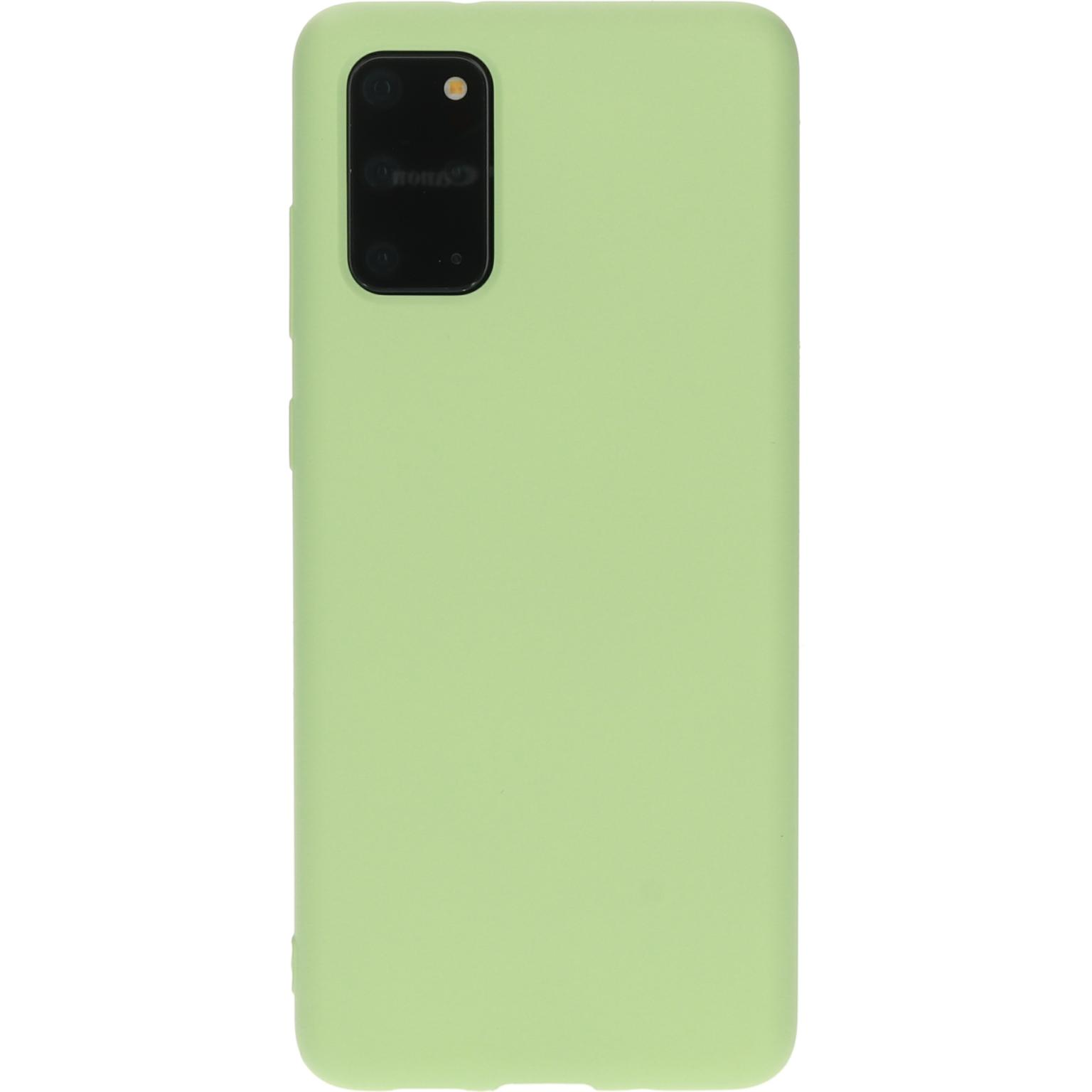 Groen telefoonhoesje met cameramodule en knoppen zichtbaar op een witte achtergrond.