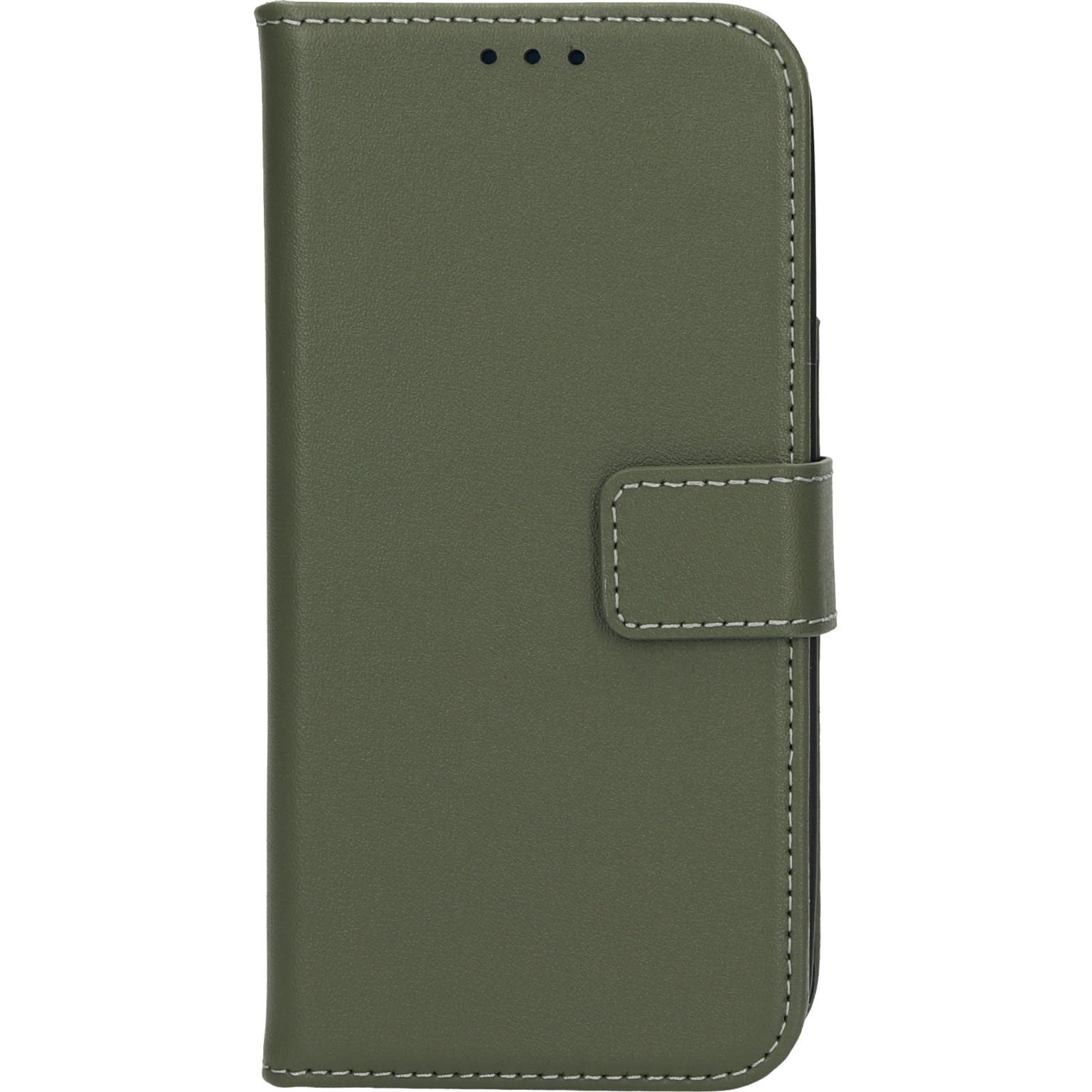 Olijfgroen folio telefoonhoesje, gesloten, met magnetische sluiting.