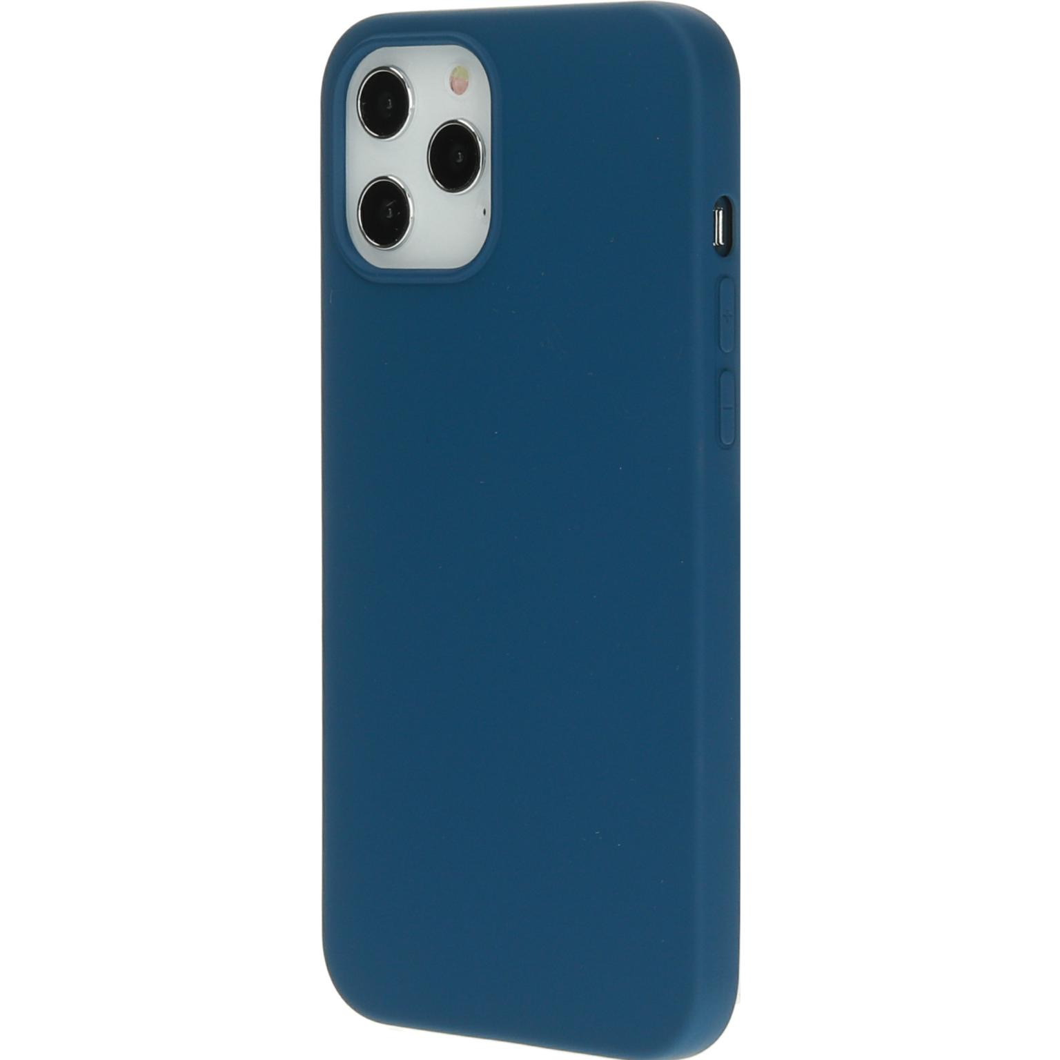 A navy blue phone case. It has three camera lenses and a flash.